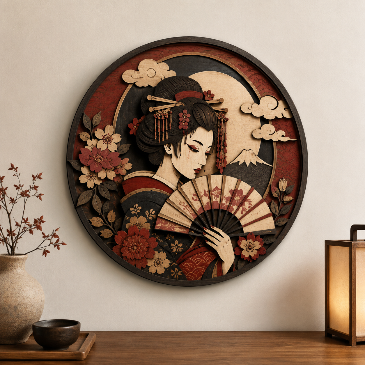 Japanese Geisha Wooden Wall Art - Elegant Oriental Layered Wood Decor with Fan, Cherry Blossoms and Moon