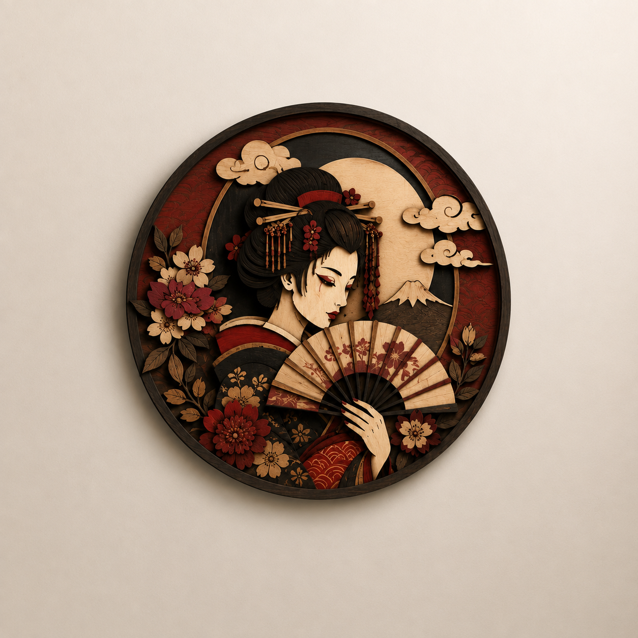 Japanese Geisha Wooden Wall Art - Elegant Oriental Layered Wood Decor with Fan, Cherry Blossoms and Moon