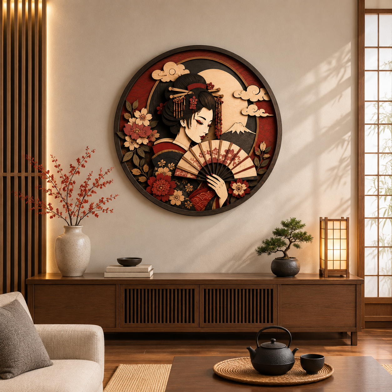 Japanese Geisha Wooden Wall Art - Elegant Oriental Layered Wood Decor with Fan, Cherry Blossoms and Moon