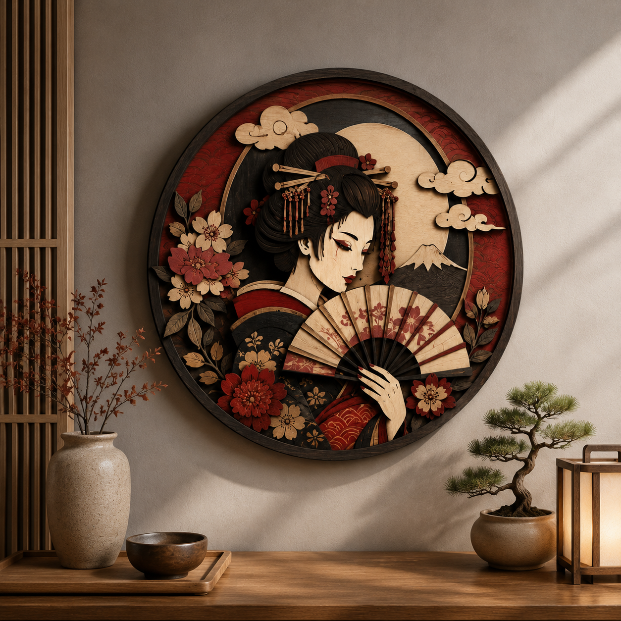Japanese Geisha Wooden Wall Art - Elegant Oriental Layered Wood Decor with Fan, Cherry Blossoms and Moon