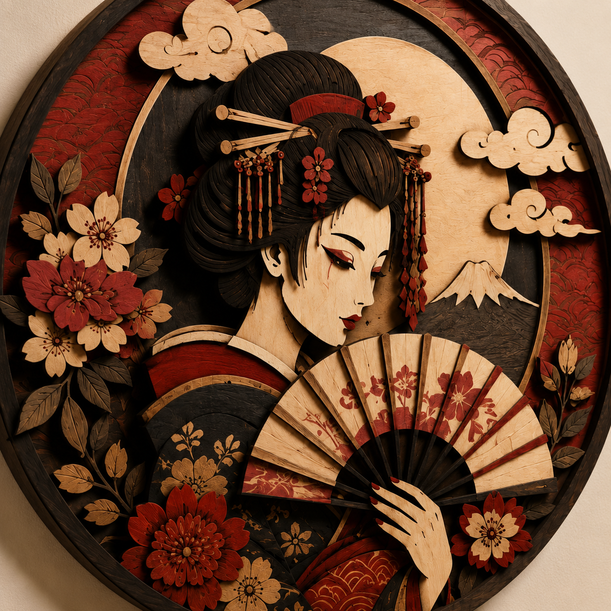 Japanese Geisha Wooden Wall Art - Elegant Oriental Layered Wood Decor with Fan, Cherry Blossoms and Moon
