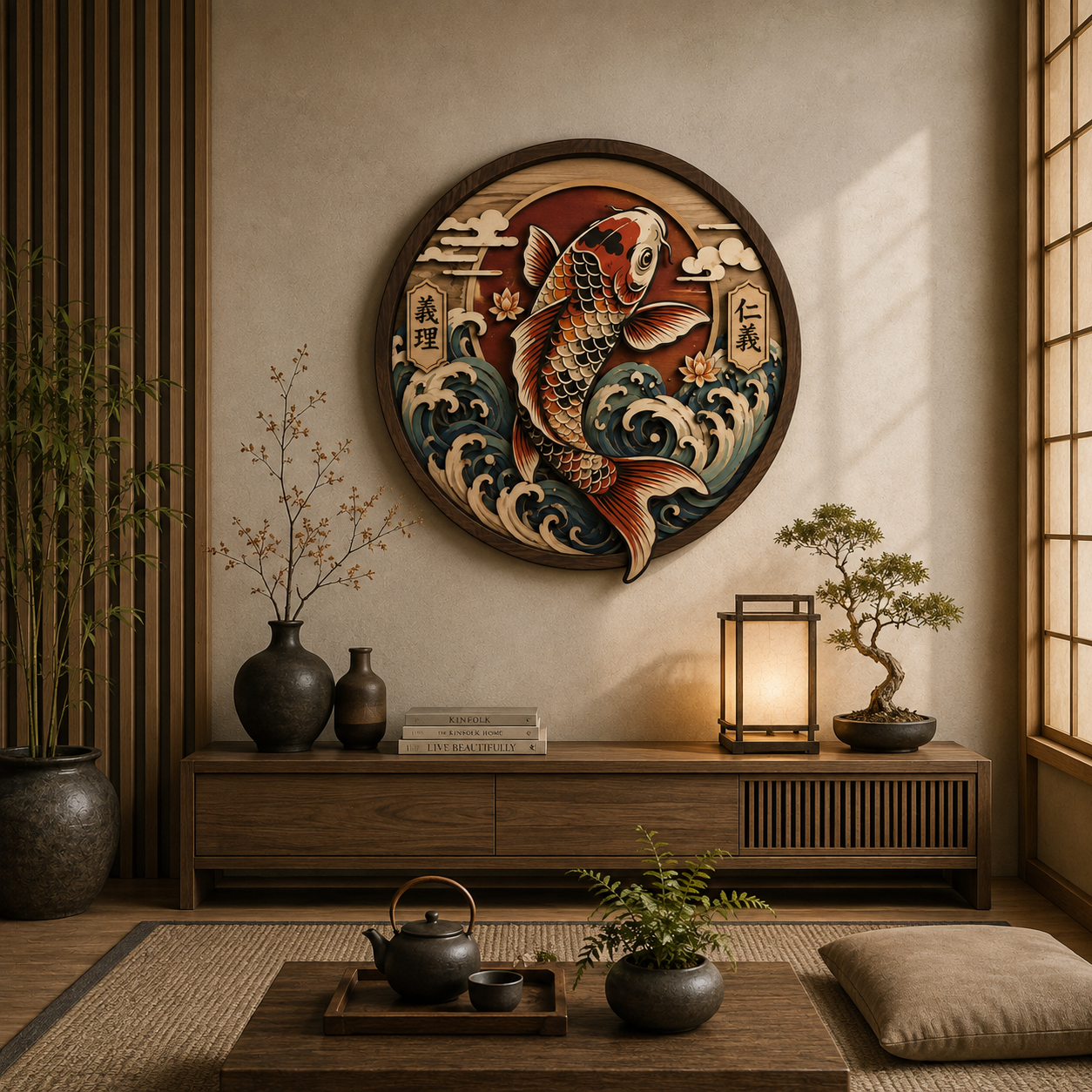 Japanese Koi Fish Wooden Wall Art - Traditional Layered Wood Decor with Waves, Lotus Flowers and Oriental Symbolism