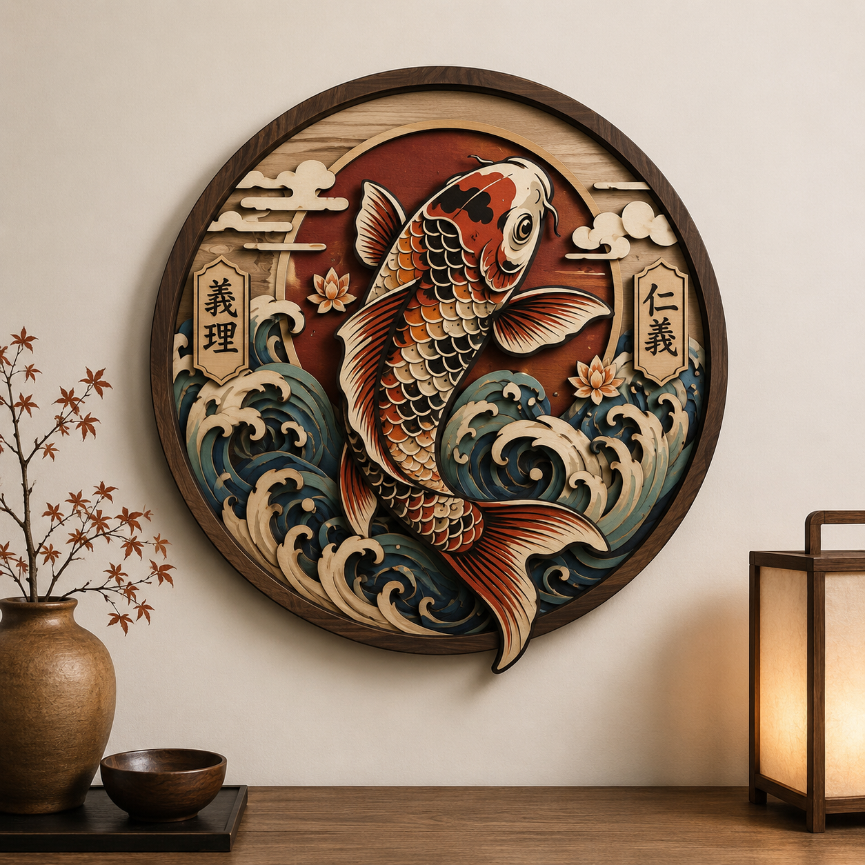 Japanese Koi Fish Wooden Wall Art - Traditional Layered Wood Decor with Waves, Lotus Flowers and Oriental Symbolism