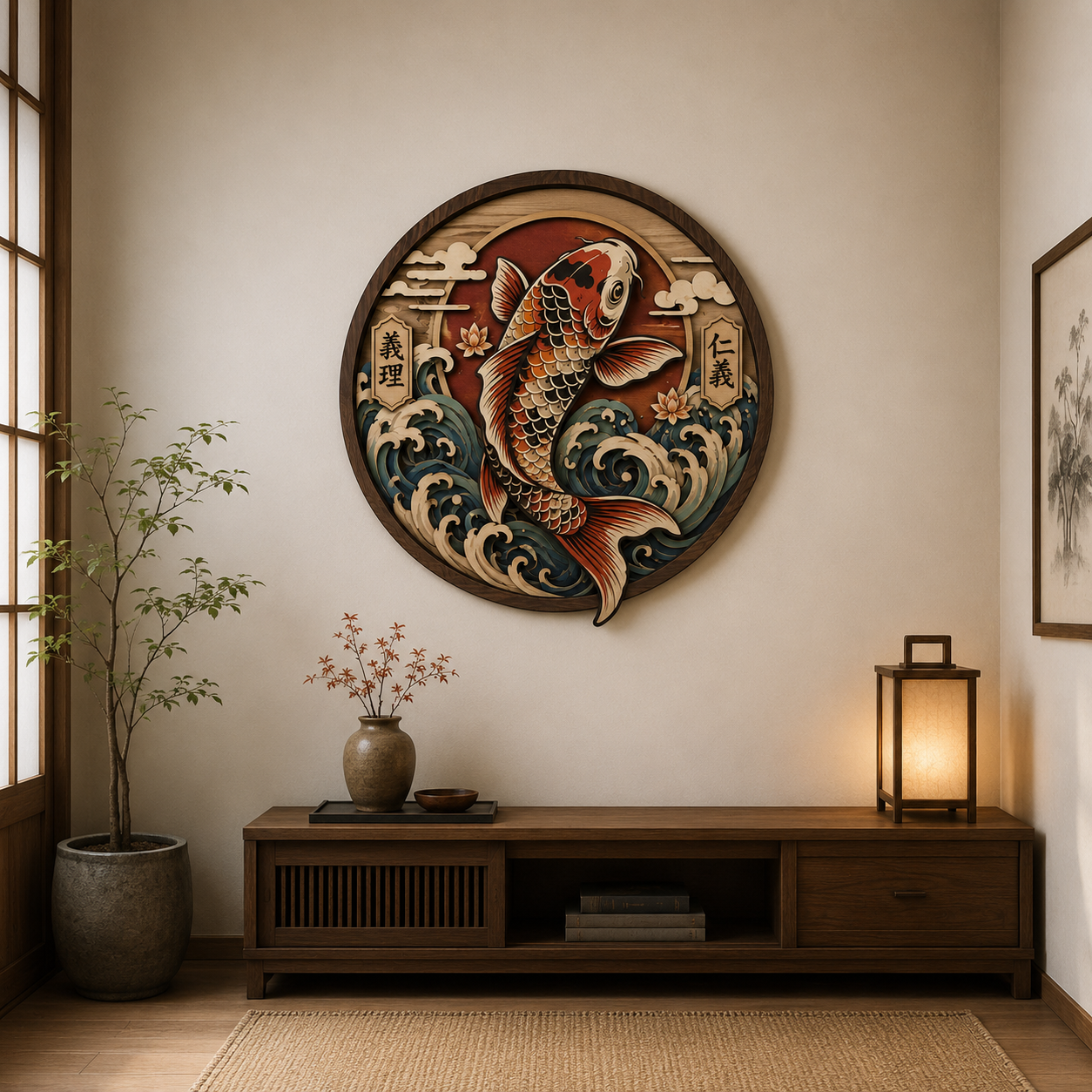 Japanese Koi Fish Wooden Wall Art - Traditional Layered Wood Decor with Waves, Lotus Flowers and Oriental Symbolism
