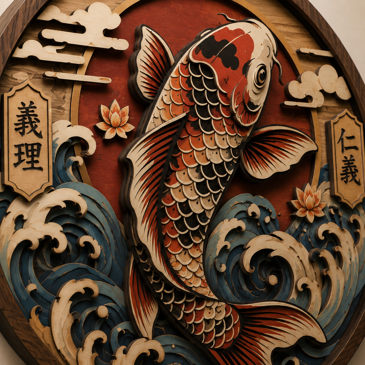 Japanese Koi Fish Wooden Wall Art - Traditional Layered Wood Decor with Waves, Lotus Flowers and Oriental Symbolism