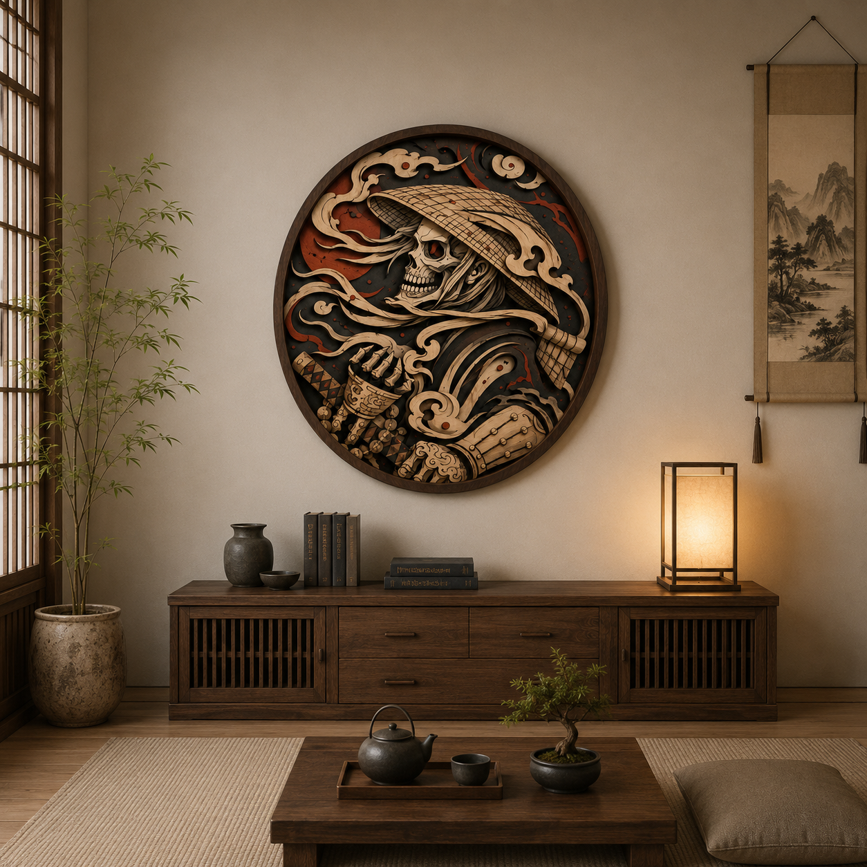 Japanese Samurai Skull Wooden Wall Art - Dark Warrior Layered Wood Decor with Katana, Straw Hat and Shadow Aesthetic
