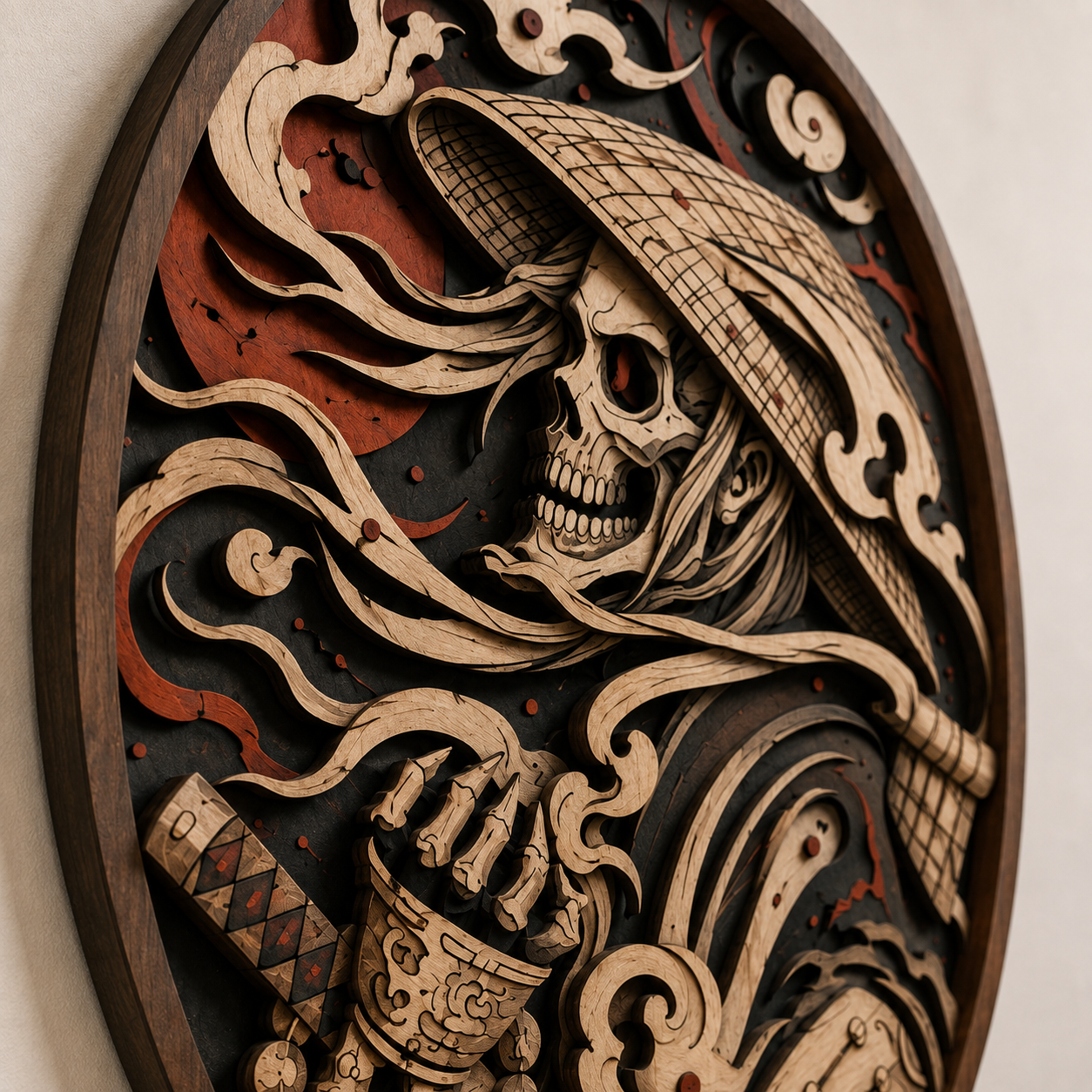 Japanese Samurai Skull Wooden Wall Art - Dark Warrior Layered Wood Decor with Katana, Straw Hat and Shadow Aesthetic