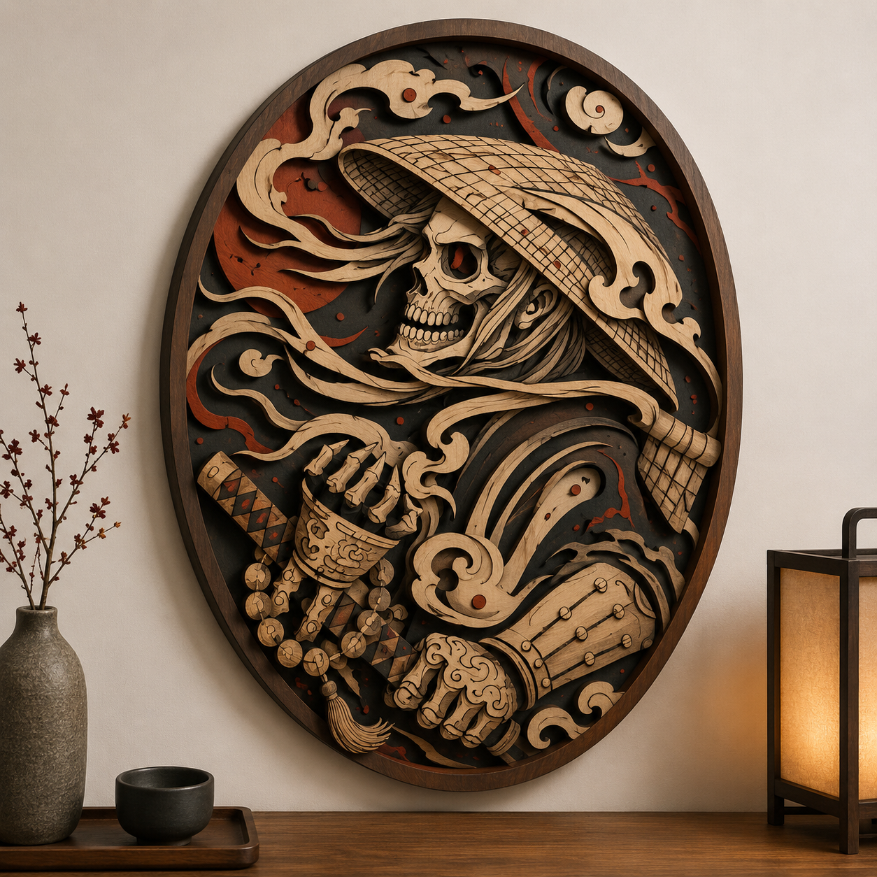 Japanese Samurai Skull Wooden Wall Art - Dark Warrior Layered Wood Decor with Katana, Straw Hat and Shadow Aesthetic