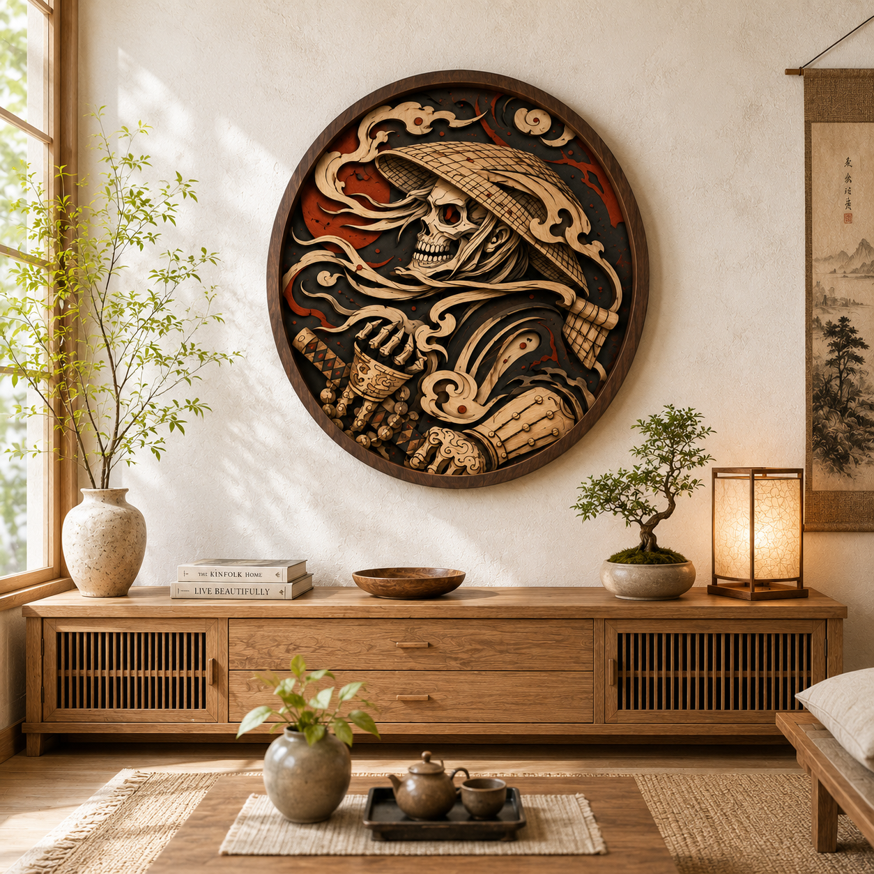 Japanese Samurai Skull Wooden Wall Art - Dark Warrior Layered Wood Decor with Katana, Straw Hat and Shadow Aesthetic