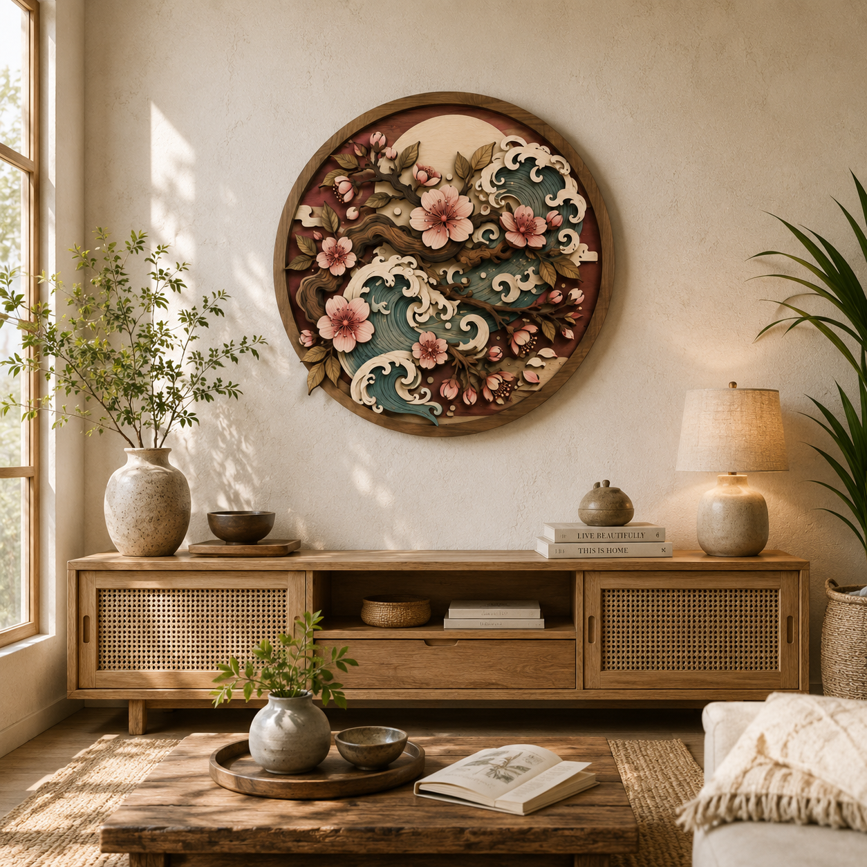 Japanese Cherry Blossom Wooden Wall Art - Layered Wood Decor with Sakura Flowers, Ocean Waves and Oriental Nature Design