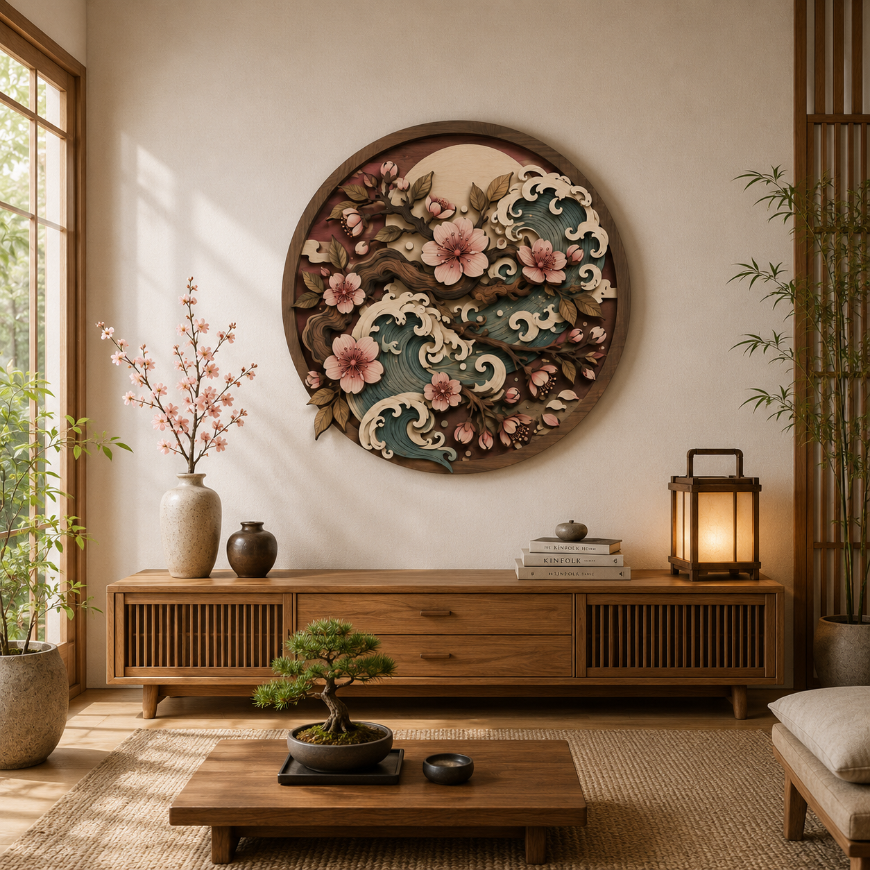 Japanese Cherry Blossom Wooden Wall Art - Layered Wood Decor with Sakura Flowers, Ocean Waves and Oriental Nature Design
