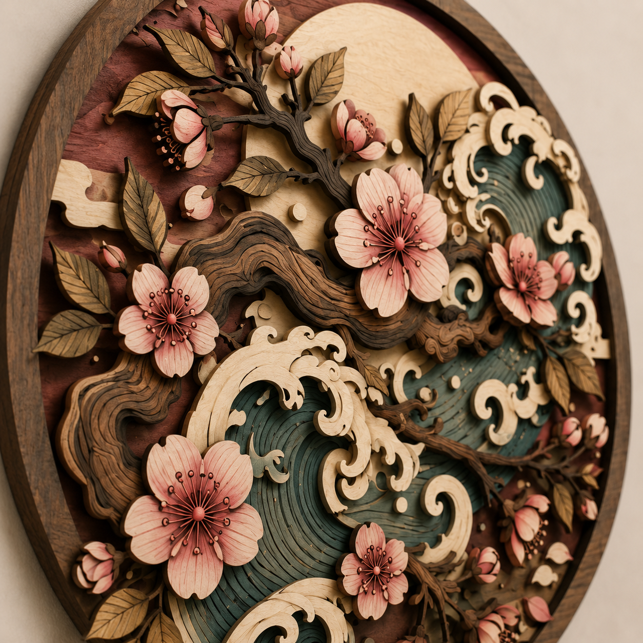 Japanese Cherry Blossom Wooden Wall Art - Layered Wood Decor with Sakura Flowers, Ocean Waves and Oriental Nature Design