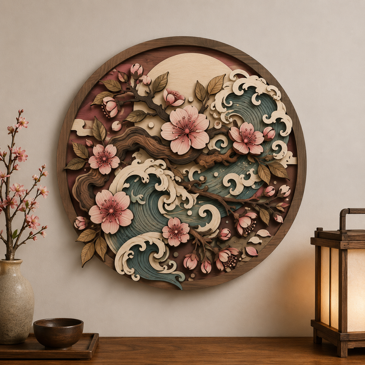 Japanese Cherry Blossom Wooden Wall Art - Layered Wood Decor with Sakura Flowers, Ocean Waves and Oriental Nature Design