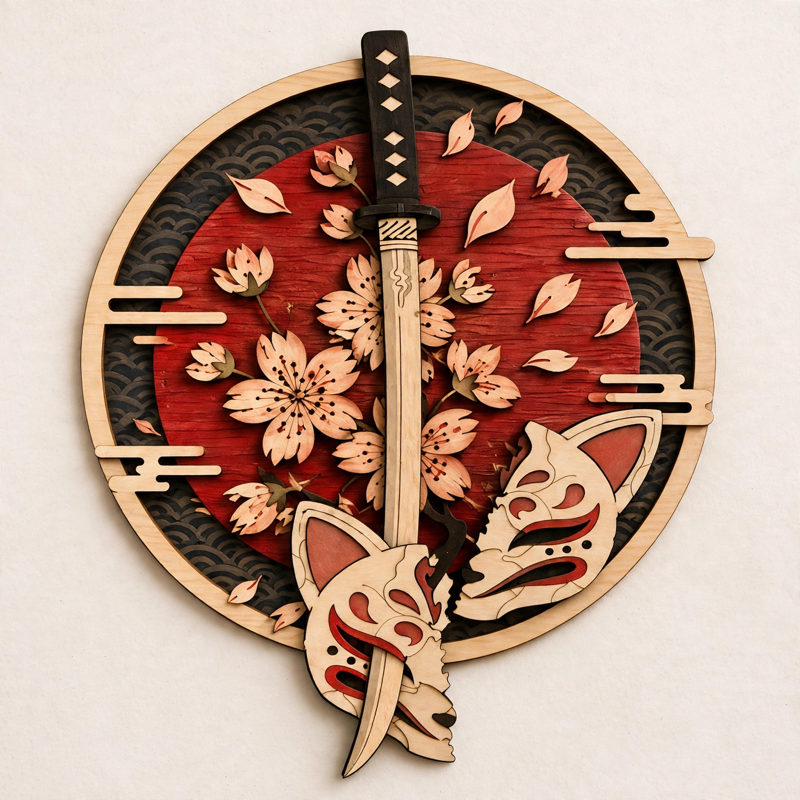 Japanese Katana Wooden Wall Art - Samurai Sword Decor with Kitsune Masks, Cherry Blossoms and Layered Wood Design