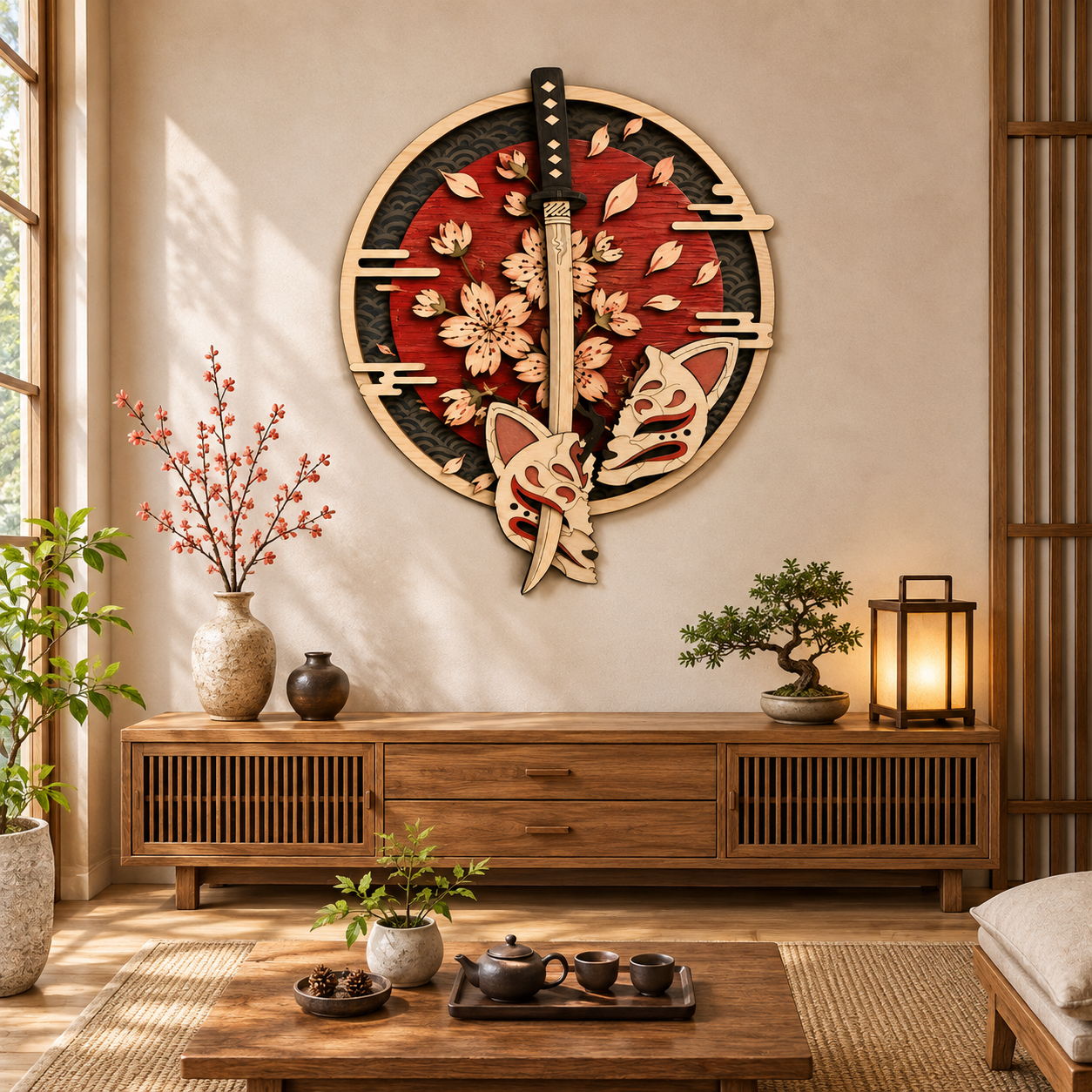 Japanese Katana Wooden Wall Art - Samurai Sword Decor with Kitsune Masks, Cherry Blossoms and Layered Wood Design