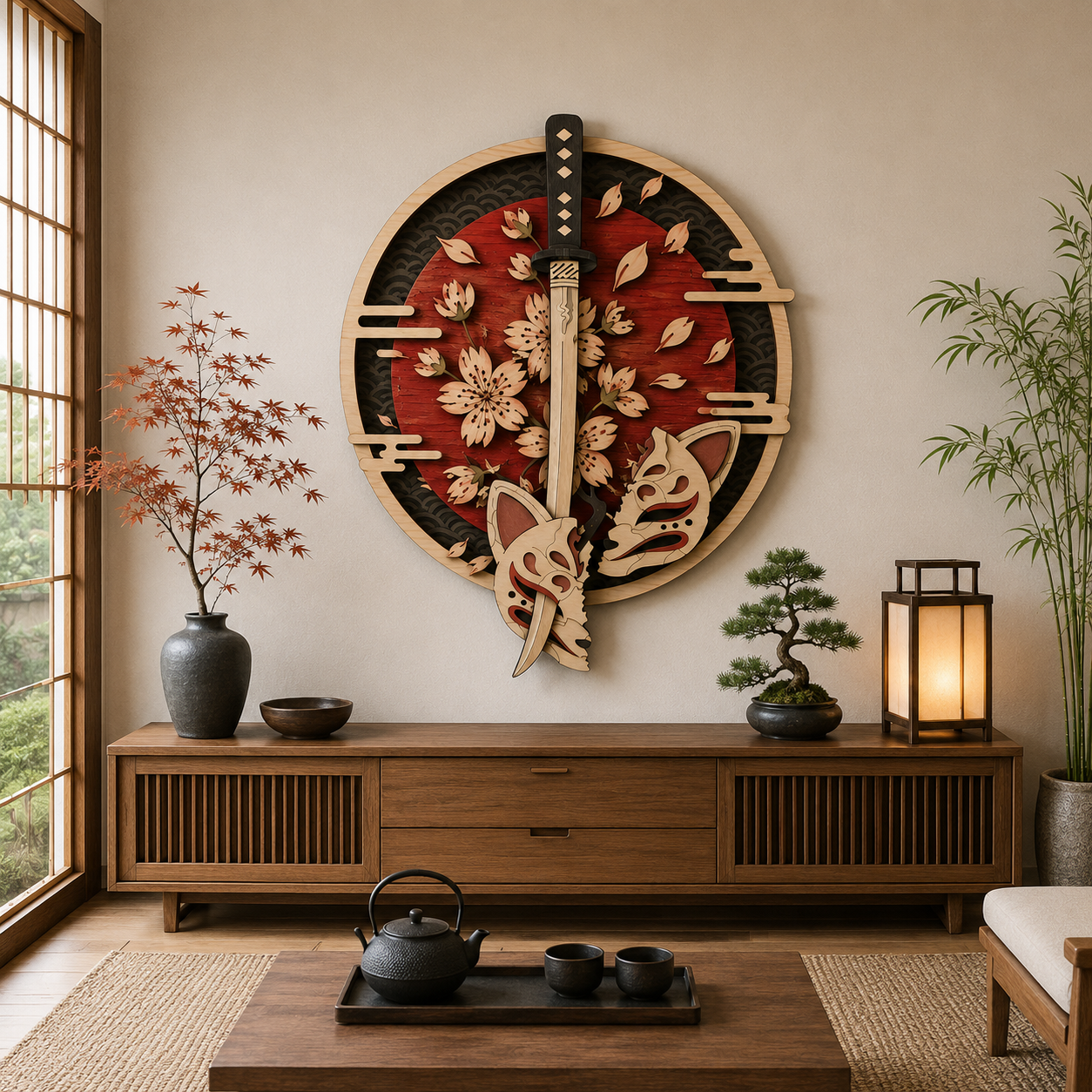 Japanese Katana Wooden Wall Art - Samurai Sword Decor with Kitsune Masks, Cherry Blossoms and Layered Wood Design