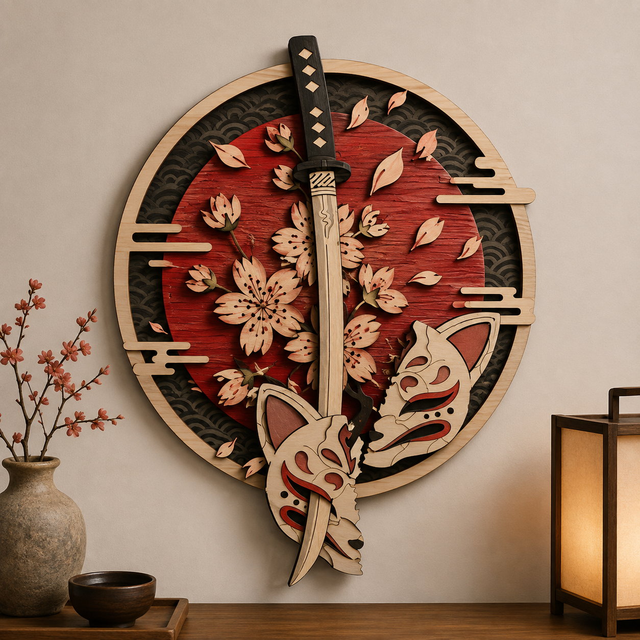 Japanese Katana Wooden Wall Art - Samurai Sword Decor with Kitsune Masks, Cherry Blossoms and Layered Wood Design