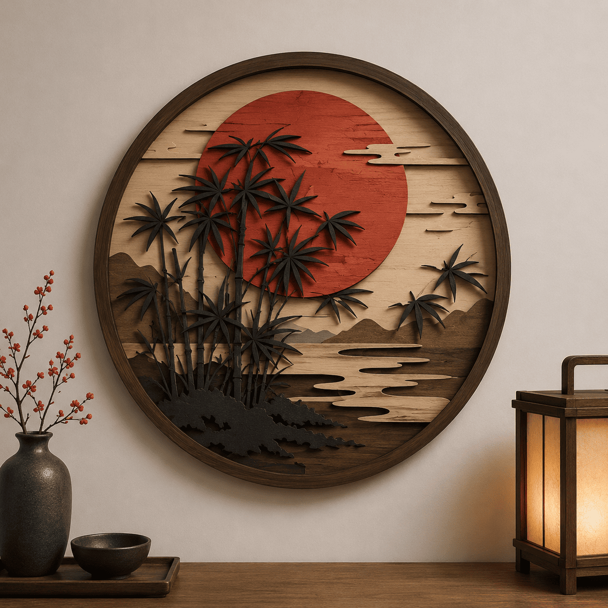 Japanese Bamboo Sunset Wooden Wall Art - Minimalist Layered Wood Decor with Red Sun, Bamboo Trees and Zen Landscape