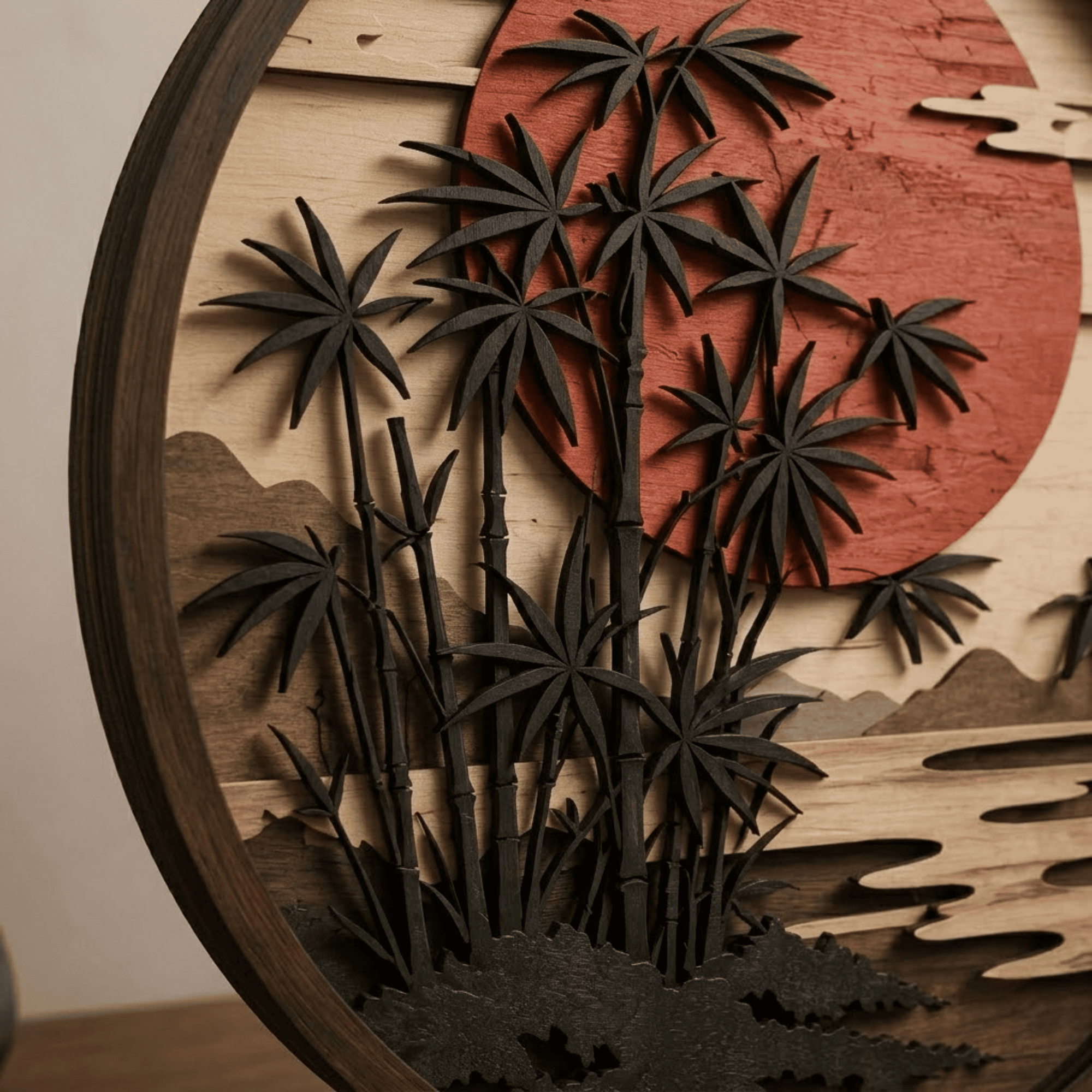Japanese Bamboo Sunset Wooden Wall Art - Minimalist Layered Wood Decor with Red Sun, Bamboo Trees and Zen Landscape
