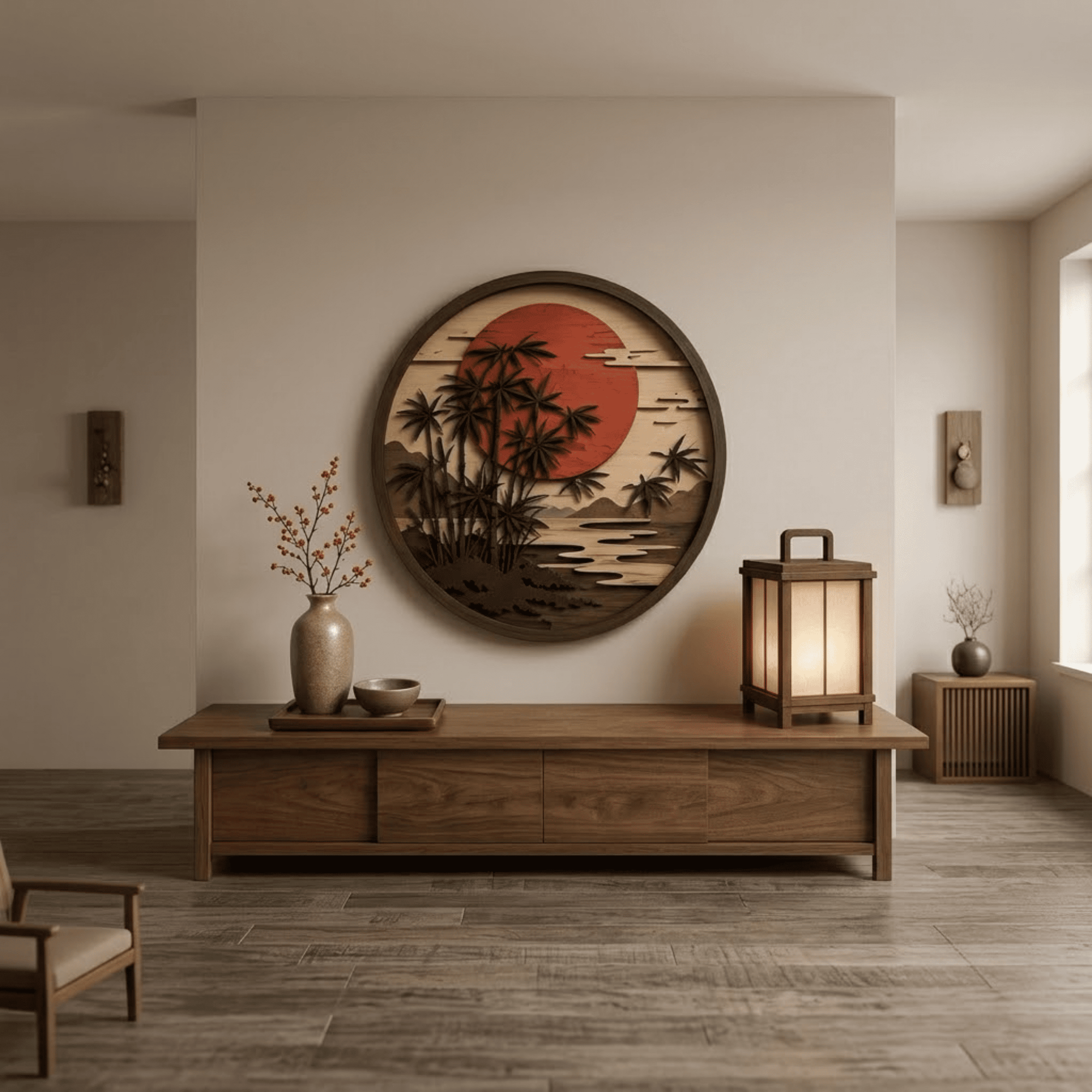 Japanese Bamboo Sunset Wooden Wall Art - Minimalist Layered Wood Decor with Red Sun, Bamboo Trees and Zen Landscape
