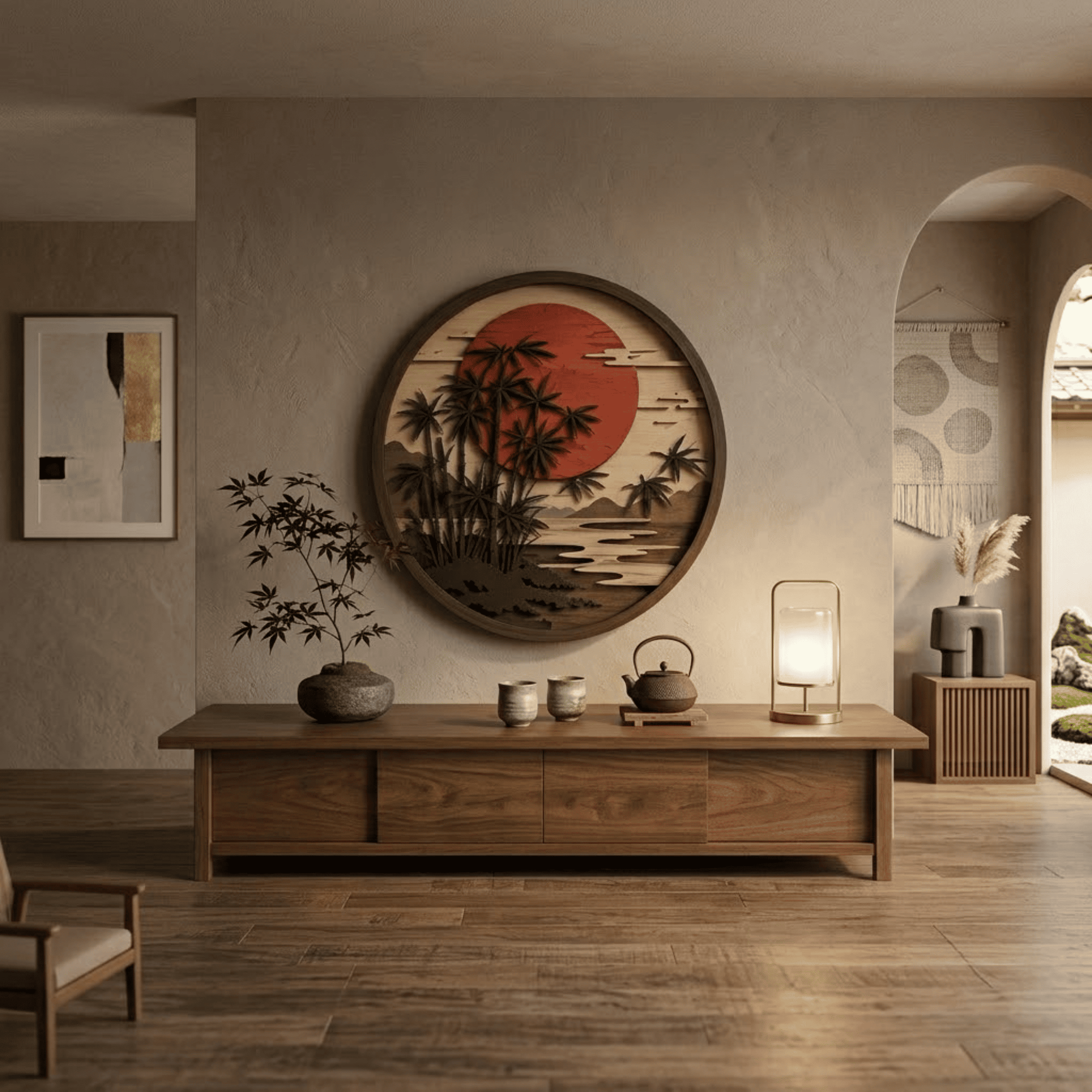 Japanese Bamboo Sunset Wooden Wall Art - Minimalist Layered Wood Decor with Red Sun, Bamboo Trees and Zen Landscape