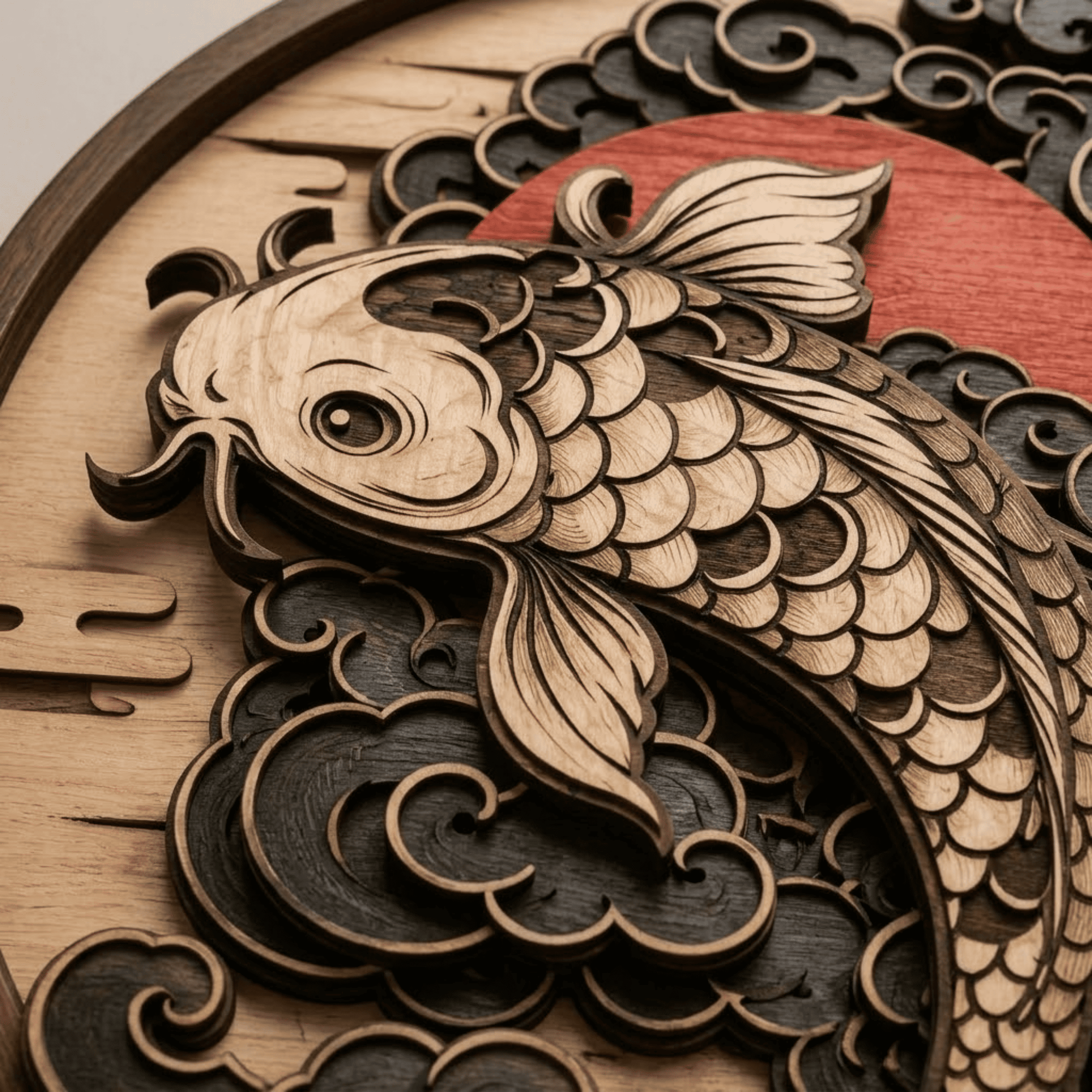 Japanese Koi Fish Wooden Wall Art - Layered Wood Decor with Golden Koi, Ocean Waves and Rising Sun Design