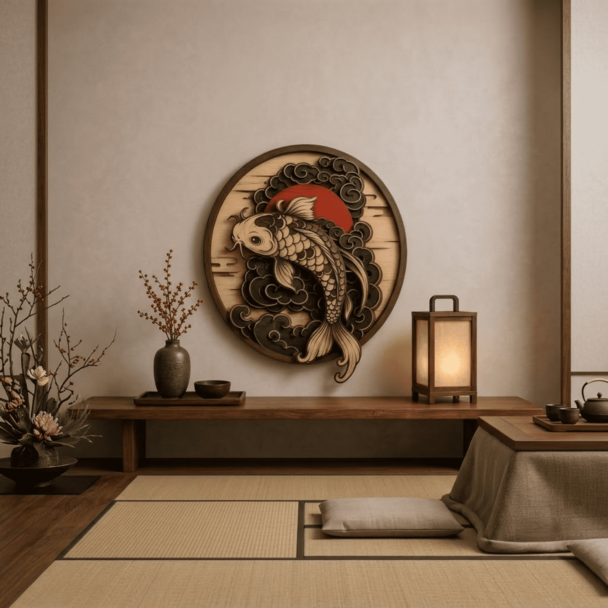 Japanese Koi Fish Wooden Wall Art - Layered Wood Decor with Golden Koi, Ocean Waves and Rising Sun Design