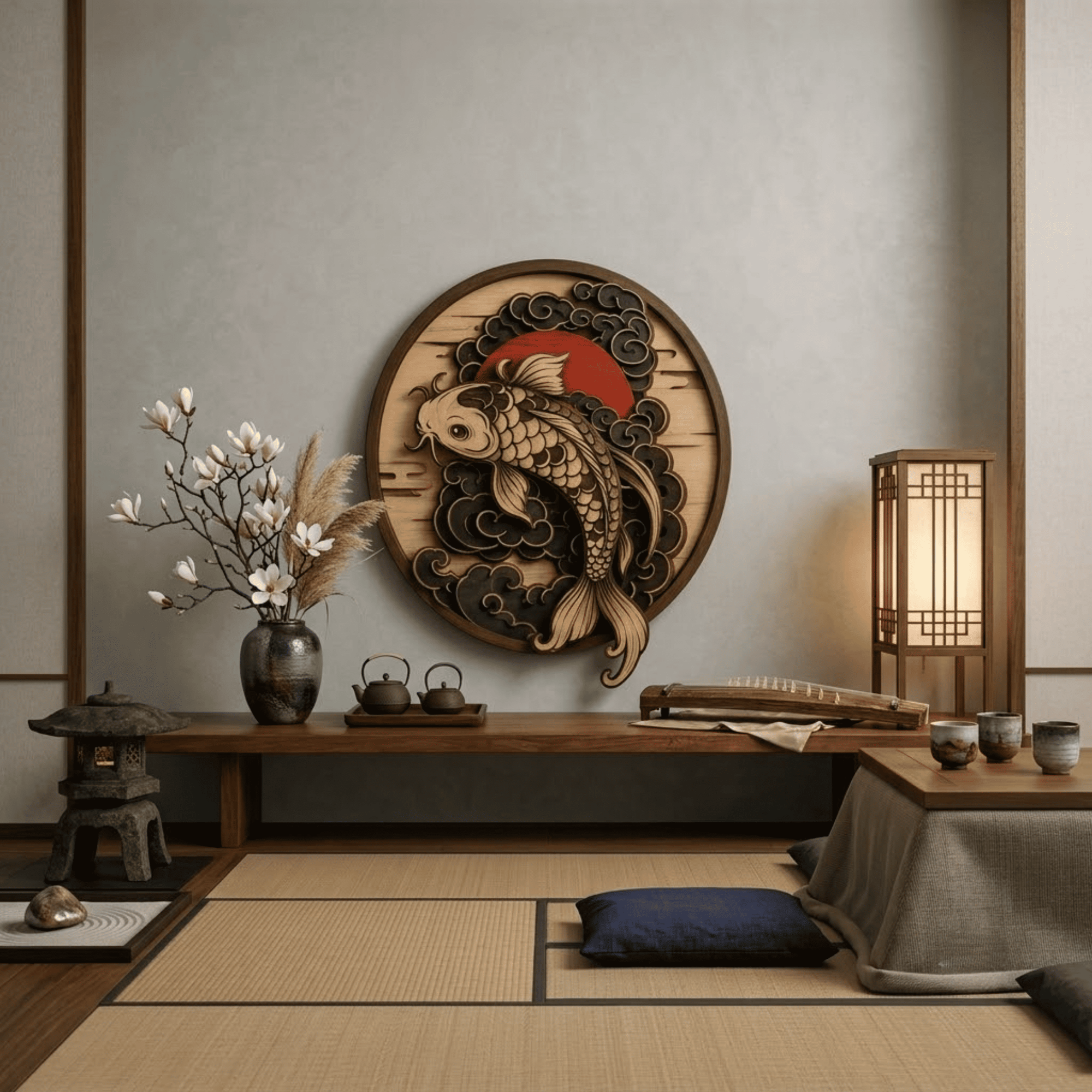 Japanese Koi Fish Wooden Wall Art - Layered Wood Decor with Golden Koi, Ocean Waves and Rising Sun Design