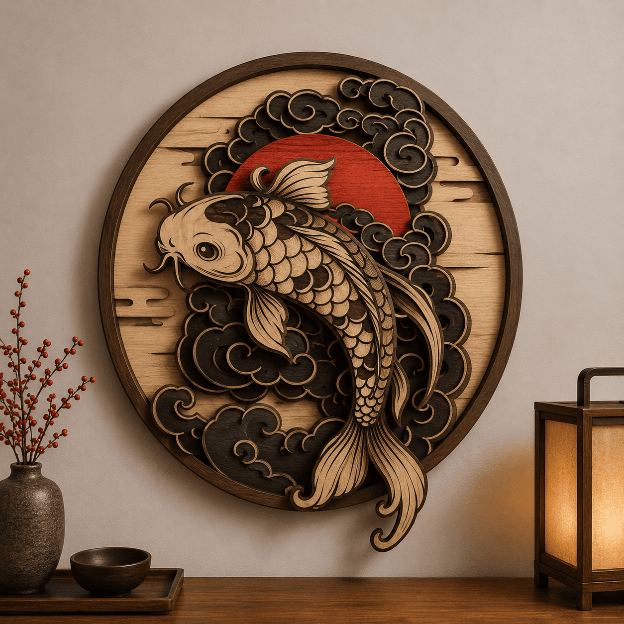 Japanese Koi Fish Wooden Wall Art - Layered Wood Decor with Golden Koi, Ocean Waves and Rising Sun Design