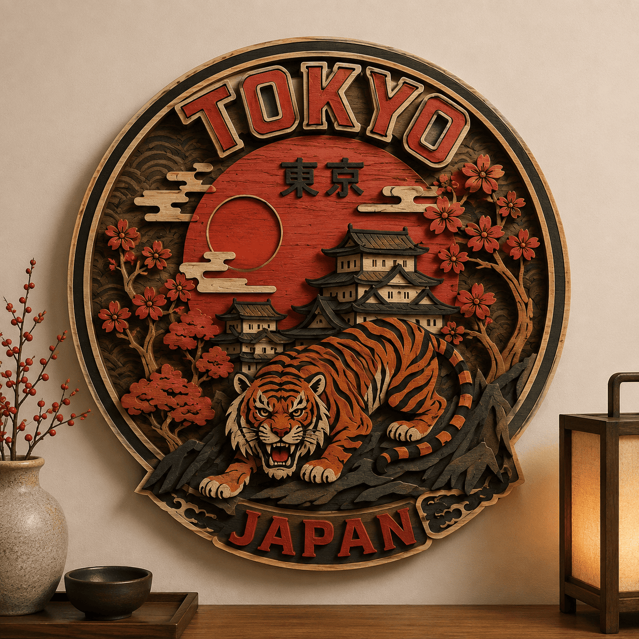 Japanese Tiger Wooden Wall Art - Tokyo Japan Layered Wood Decor with Samurai Style, Cherry Blossoms and Rising Sun