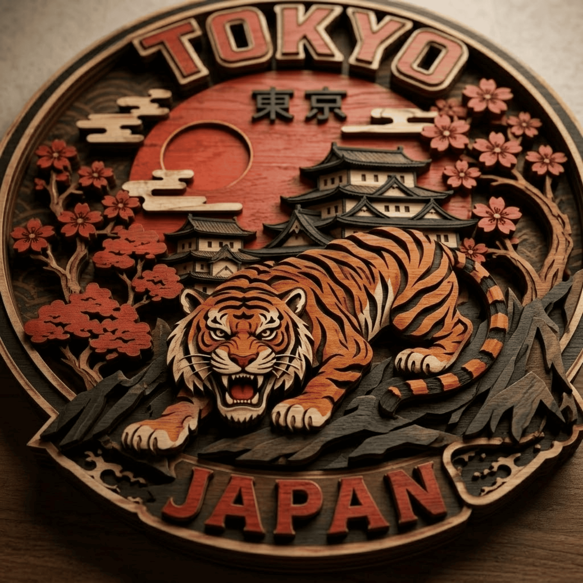 Japanese Tiger Wooden Wall Art - Tokyo Japan Layered Wood Decor with Samurai Style, Cherry Blossoms and Rising Sun