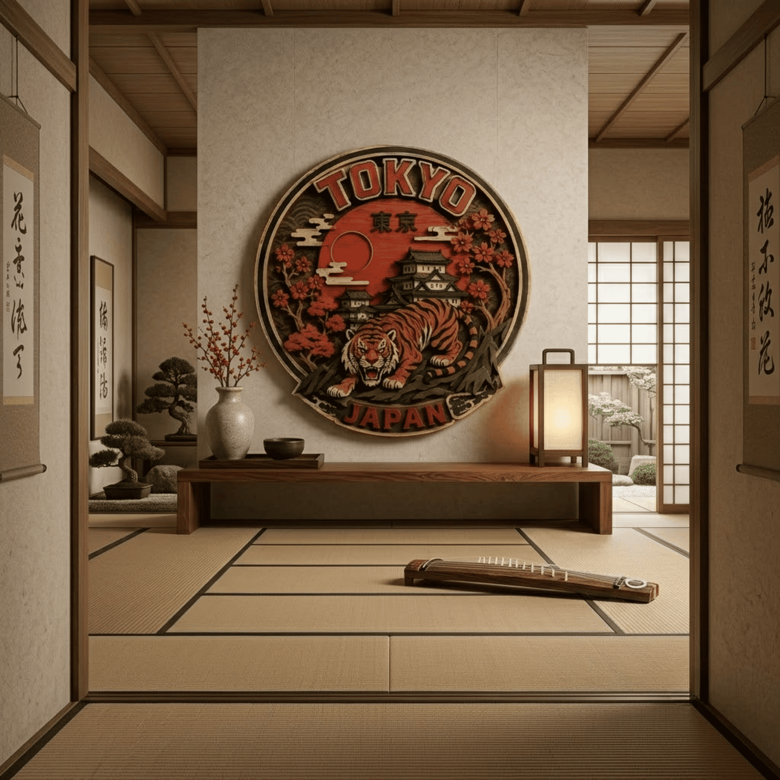 Japanese Tiger Wooden Wall Art - Tokyo Japan Layered Wood Decor with Samurai Style, Cherry Blossoms and Rising Sun