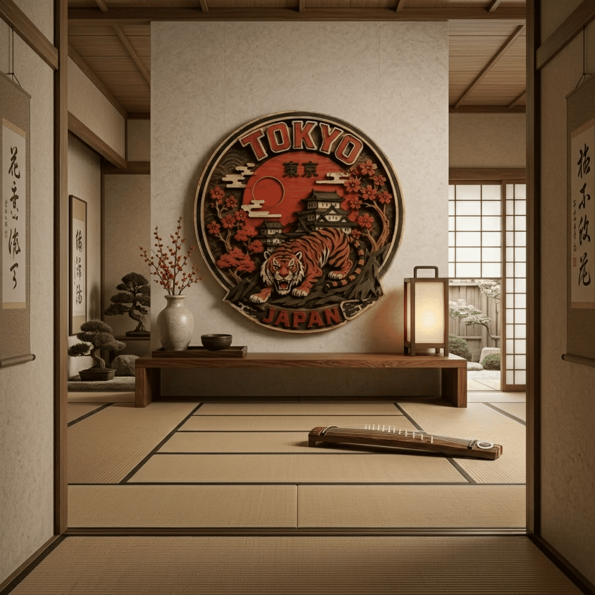 Japanese Tiger Wooden Wall Art - Tokyo Japan Layered Wood Decor with Samurai Style, Cherry Blossoms and Rising Sun