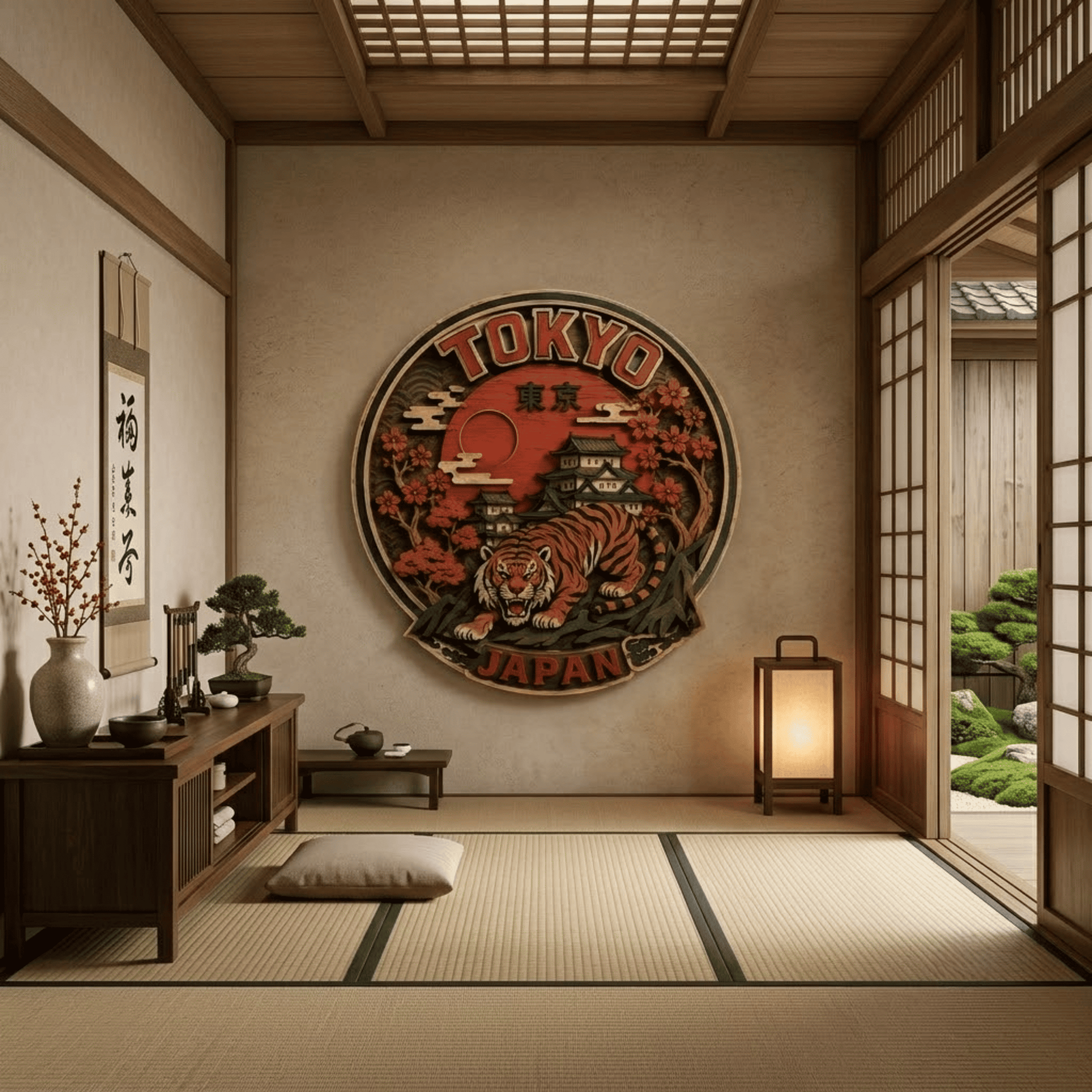 Japanese Tiger Wooden Wall Art - Tokyo Japan Layered Wood Decor with Samurai Style, Cherry Blossoms and Rising Sun