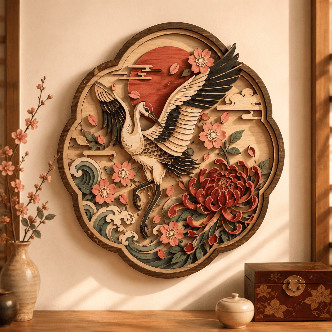 Japanese Crane Wooden Wall Art - Elegant Layered Wood Decor with Flying Crane, Cherry Blossoms and Lotus Flowers