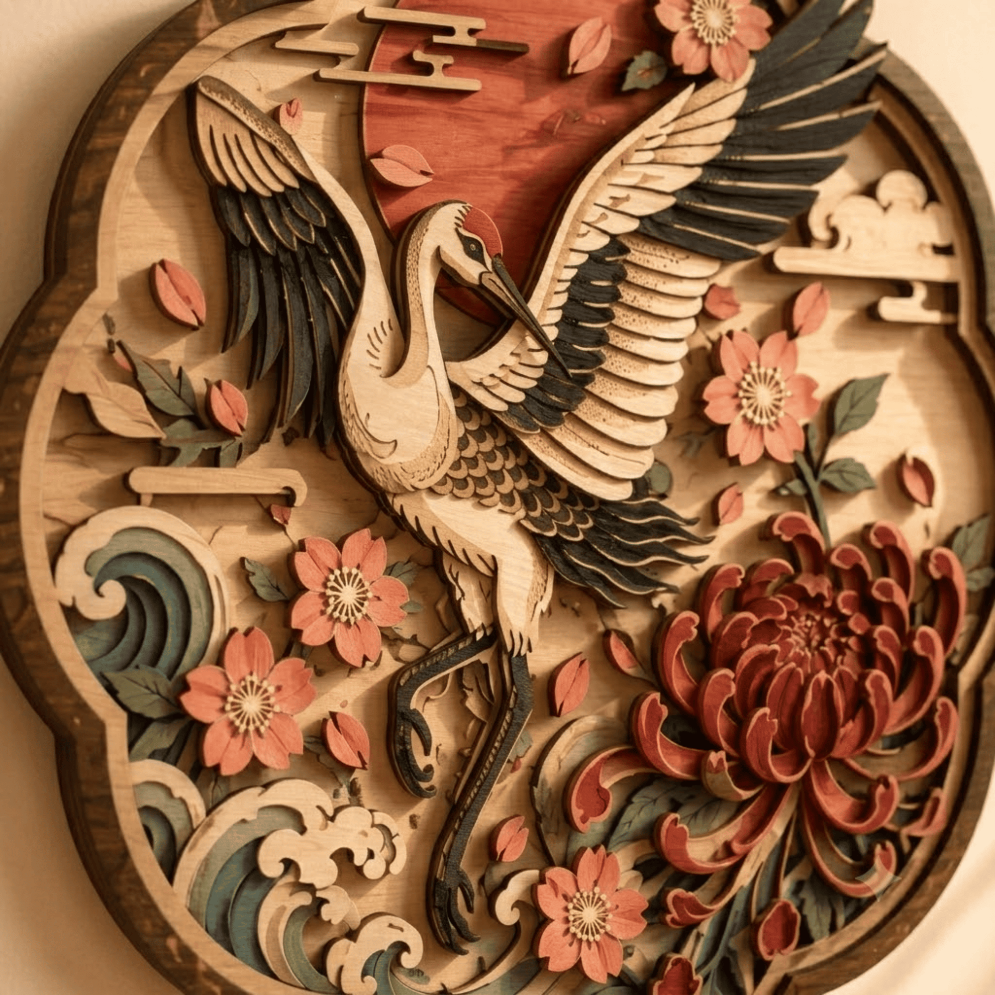 Japanese Crane Wooden Wall Art - Elegant Layered Wood Decor with Flying Crane, Cherry Blossoms and Lotus Flowers