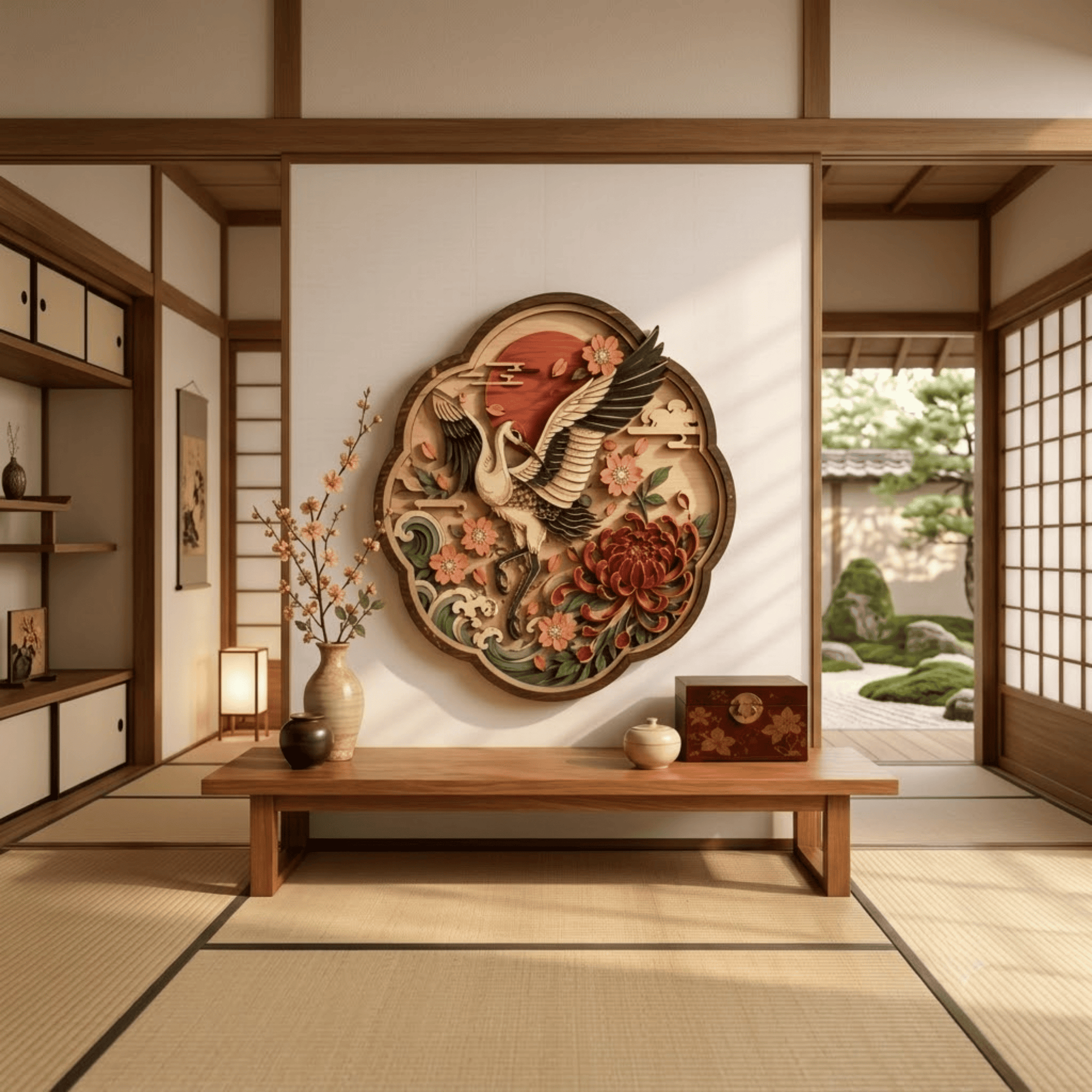 Japanese Crane Wooden Wall Art - Elegant Layered Wood Decor with Flying Crane, Cherry Blossoms and Lotus Flowers