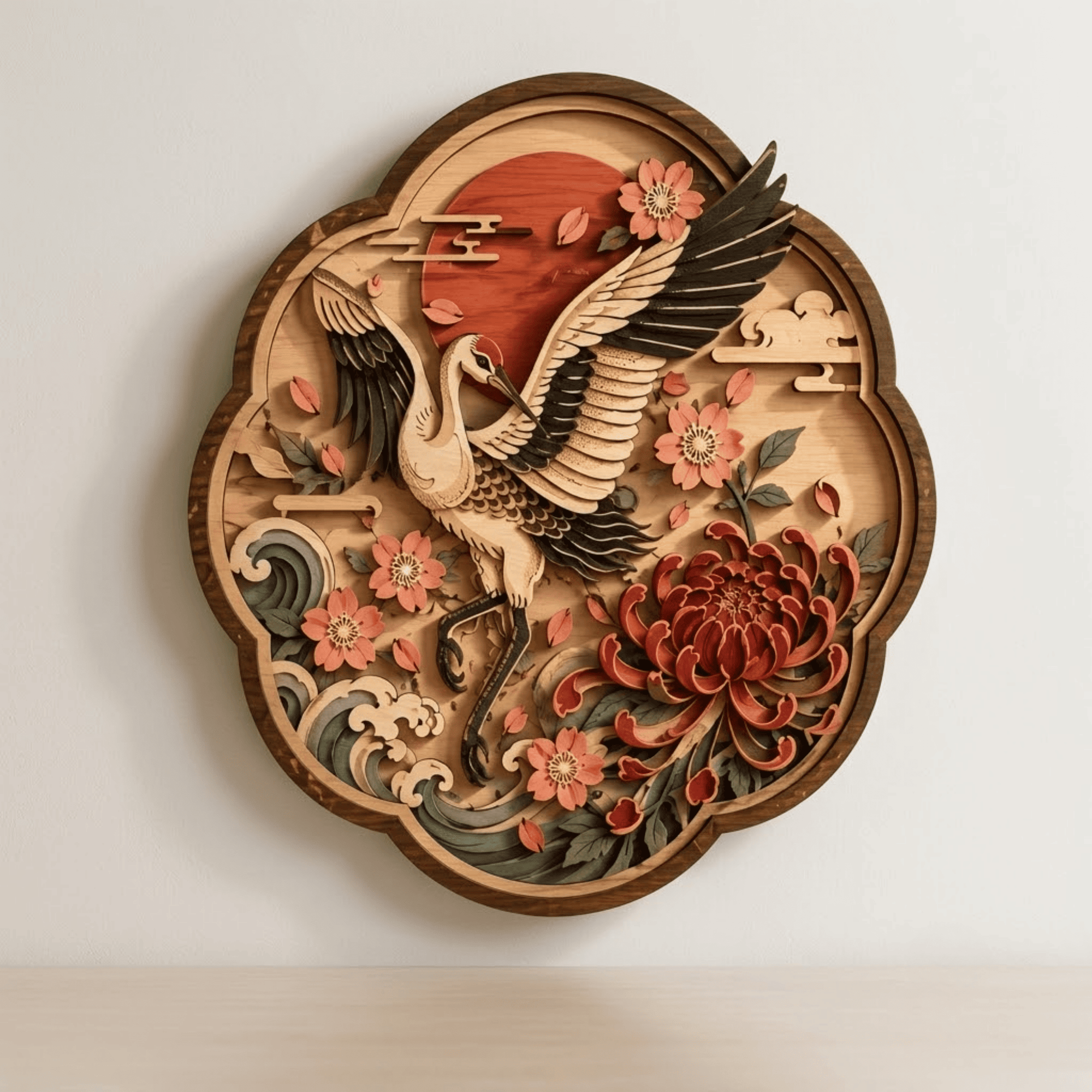 Japanese Crane Wooden Wall Art - Elegant Layered Wood Decor with Flying Crane, Cherry Blossoms and Lotus Flowers