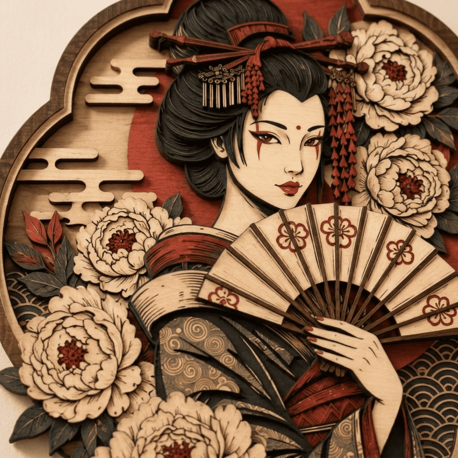 Japanese Geisha Wooden Wall Art - Elegant Layered Wood Decor with Fan, Peony Flowers and Traditional Kimono Design