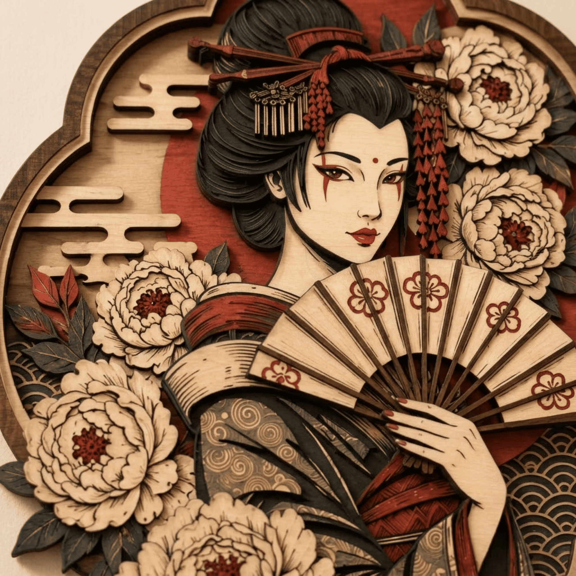 Japanese Geisha Wooden Wall Art - Elegant Layered Wood Decor with Fan, Peony Flowers and Traditional Kimono Design
