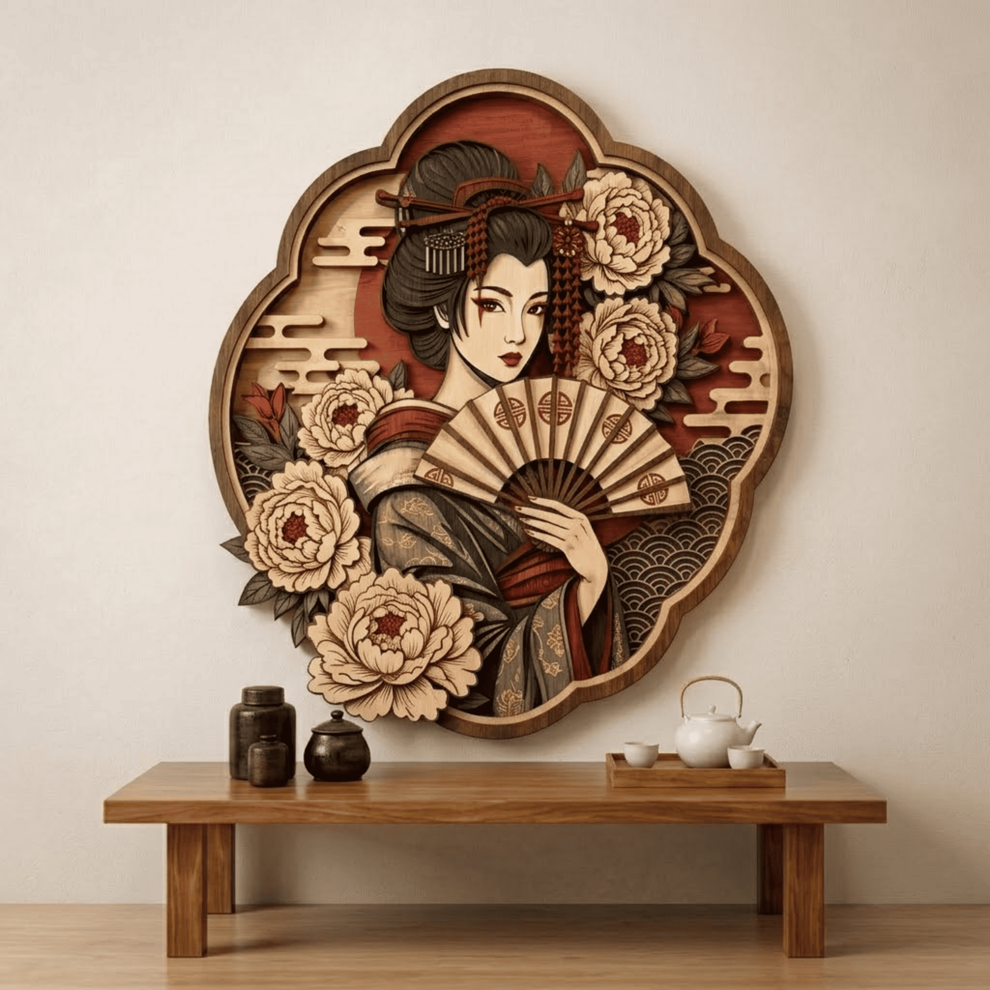 Japanese Geisha Wooden Wall Art - Elegant Layered Wood Decor with Fan, Peony Flowers and Traditional Kimono Design