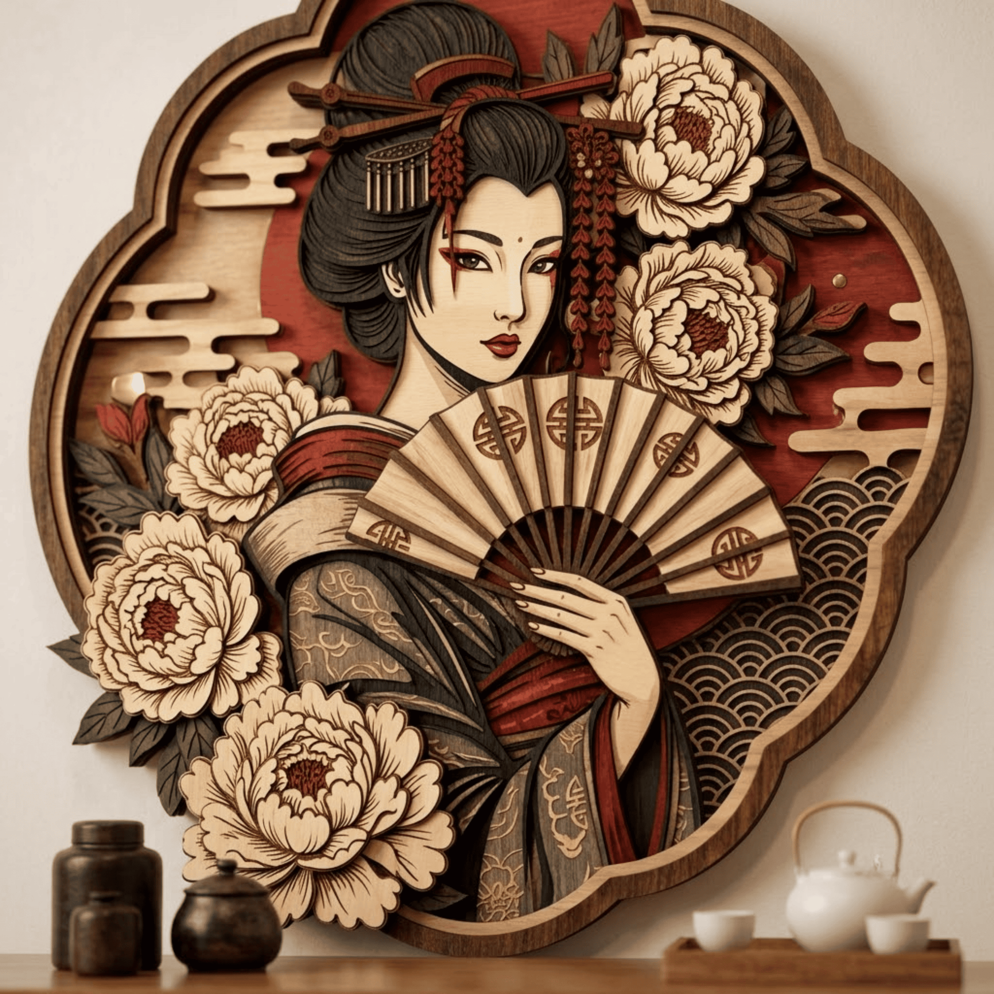 Japanese Geisha Wooden Wall Art - Elegant Layered Wood Decor with Fan, Peony Flowers and Traditional Kimono Design