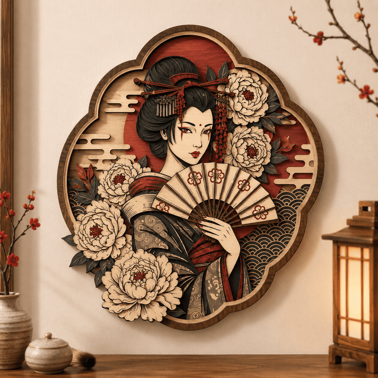 Japanese Geisha Wooden Wall Art - Elegant Layered Wood Decor with Fan, Peony Flowers and Traditional Kimono Design