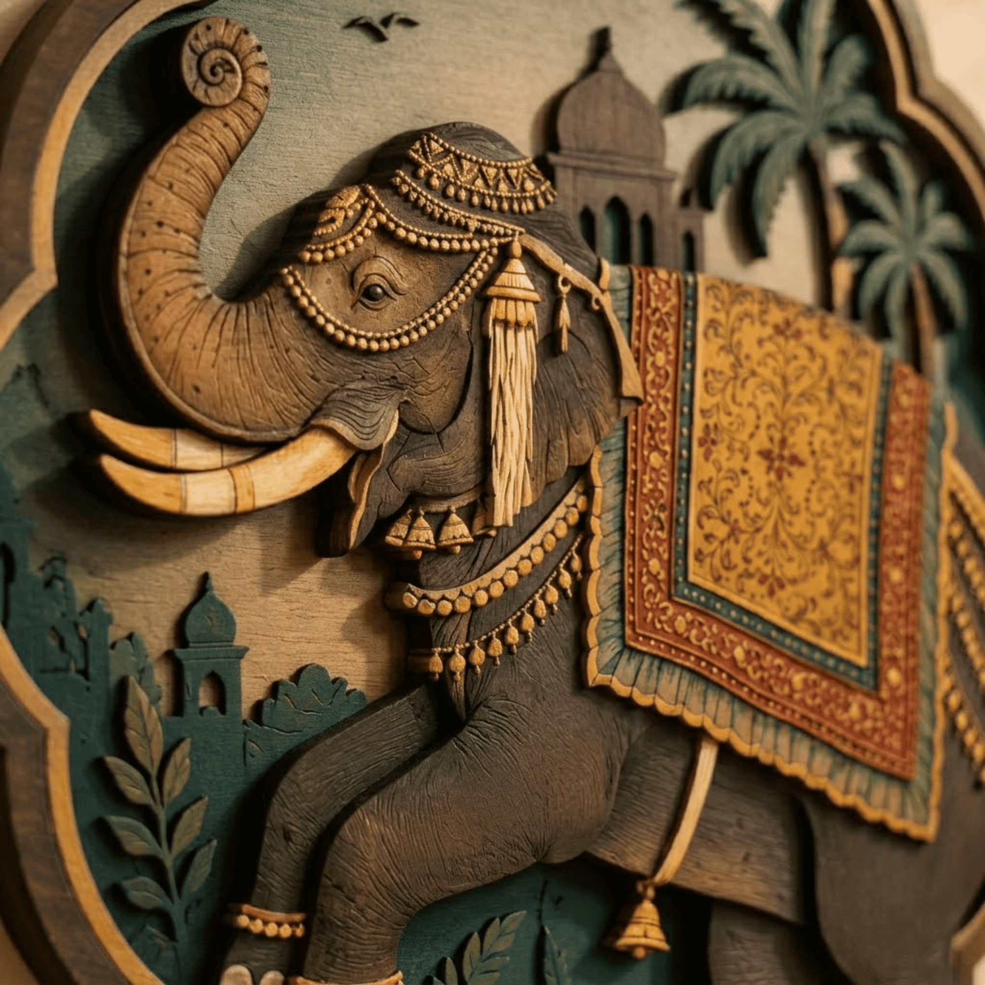 Indian Elephant Wooden Wall Art - Royal Layered Wood Decor with Ornate Elephant, Palace, Palm Trees and Oriental Design