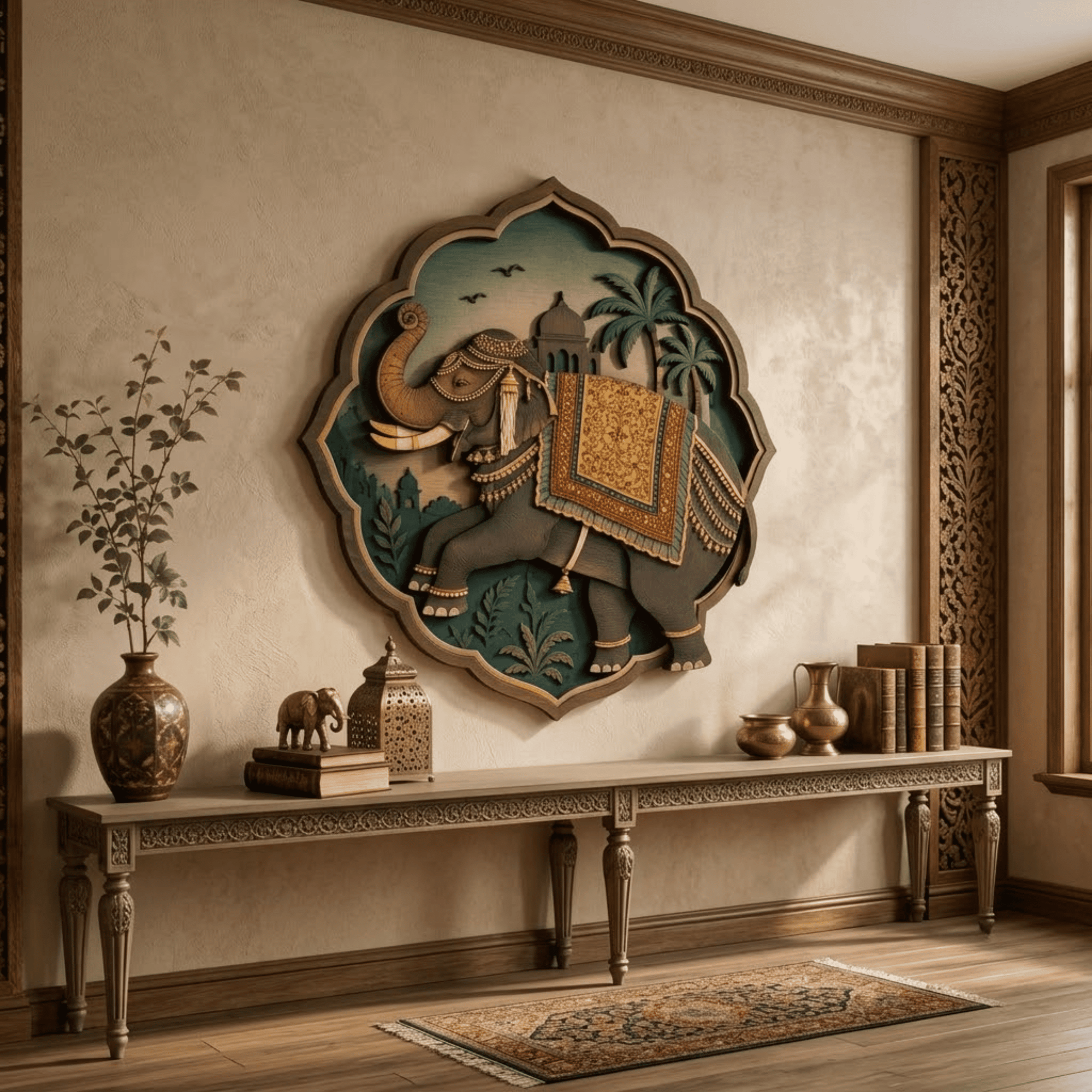 Indian Elephant Wooden Wall Art - Royal Layered Wood Decor with Ornate Elephant, Palace, Palm Trees and Oriental Design