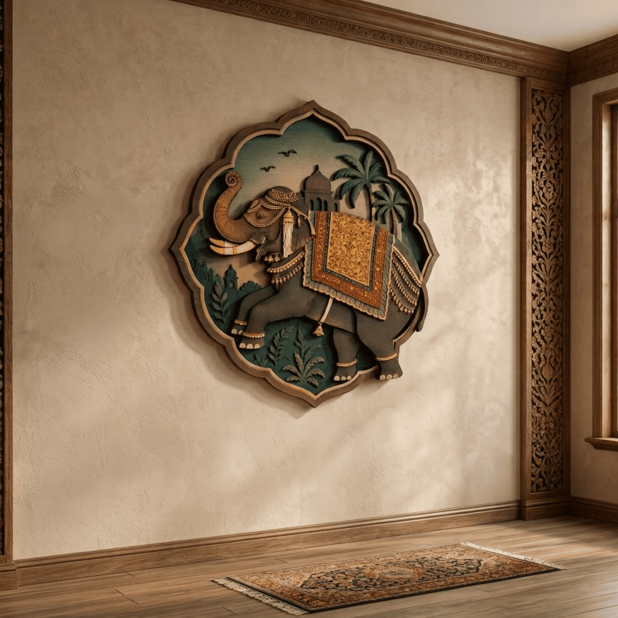 Indian Elephant Wooden Wall Art - Royal Layered Wood Decor with Ornate Elephant, Palace, Palm Trees and Oriental Design