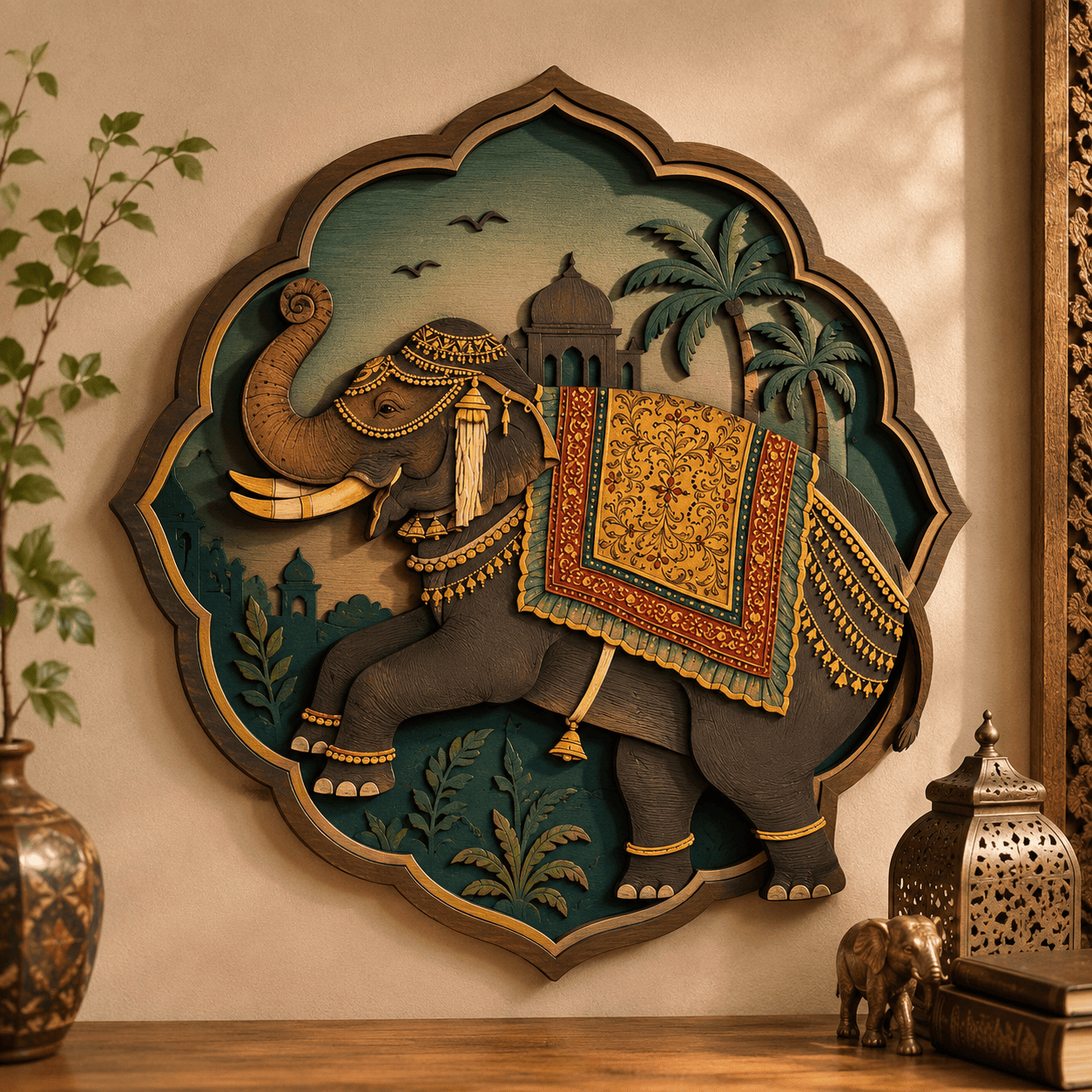 Indian Elephant Wooden Wall Art - Royal Layered Wood Decor with Ornate Elephant, Palace, Palm Trees and Oriental Design