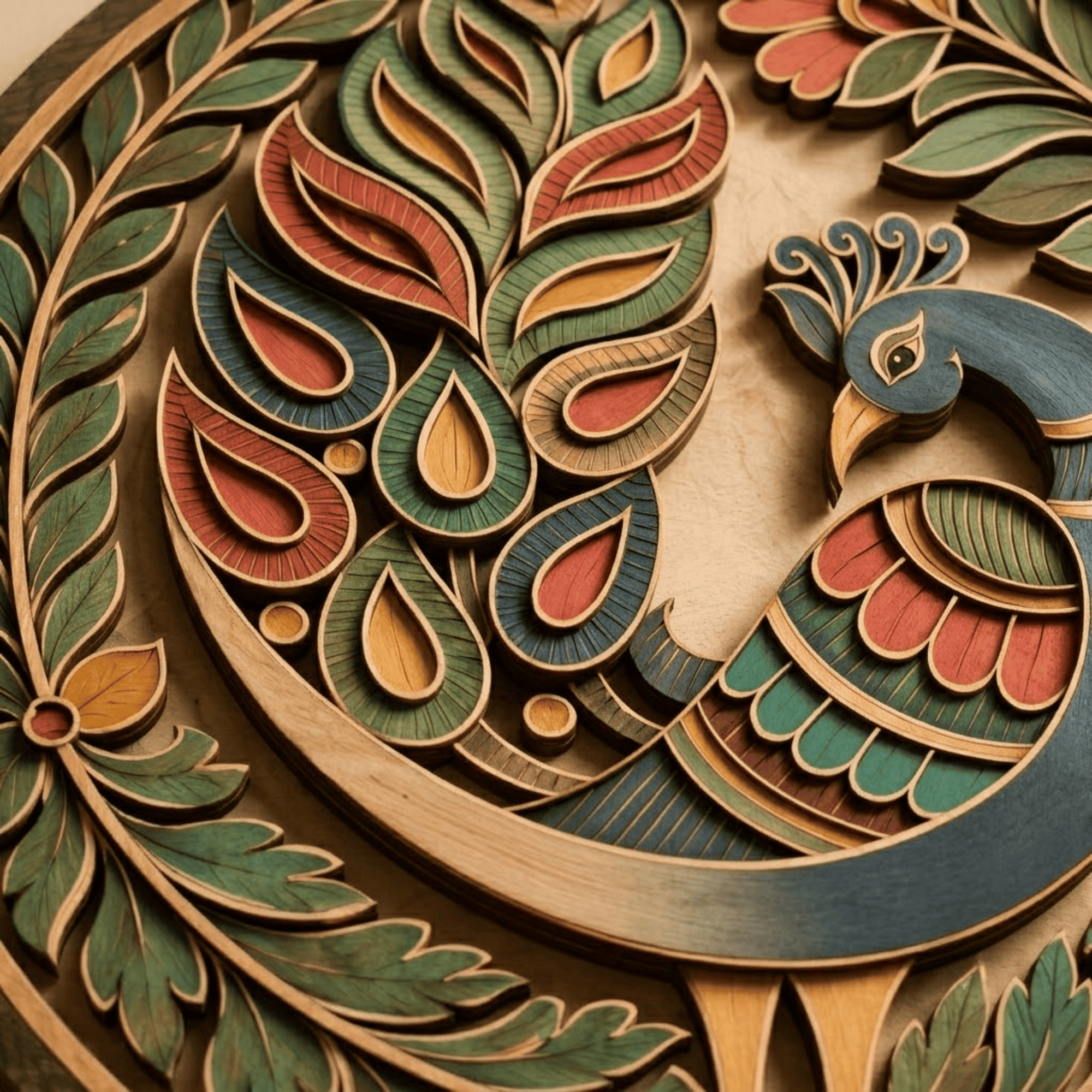 Indian Peacock Wooden Wall Art - Elegant Layered Wood Decor with Peacock, Floral Patterns and Botanical Mandala Design