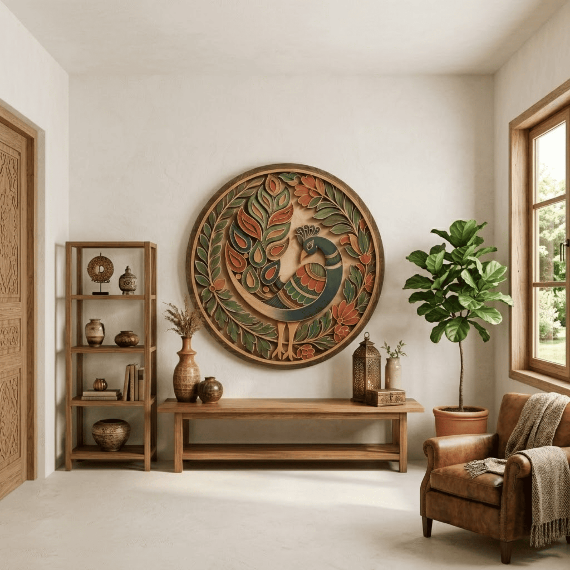 Indian Peacock Wooden Wall Art - Elegant Layered Wood Decor with Peacock, Floral Patterns and Botanical Mandala Design