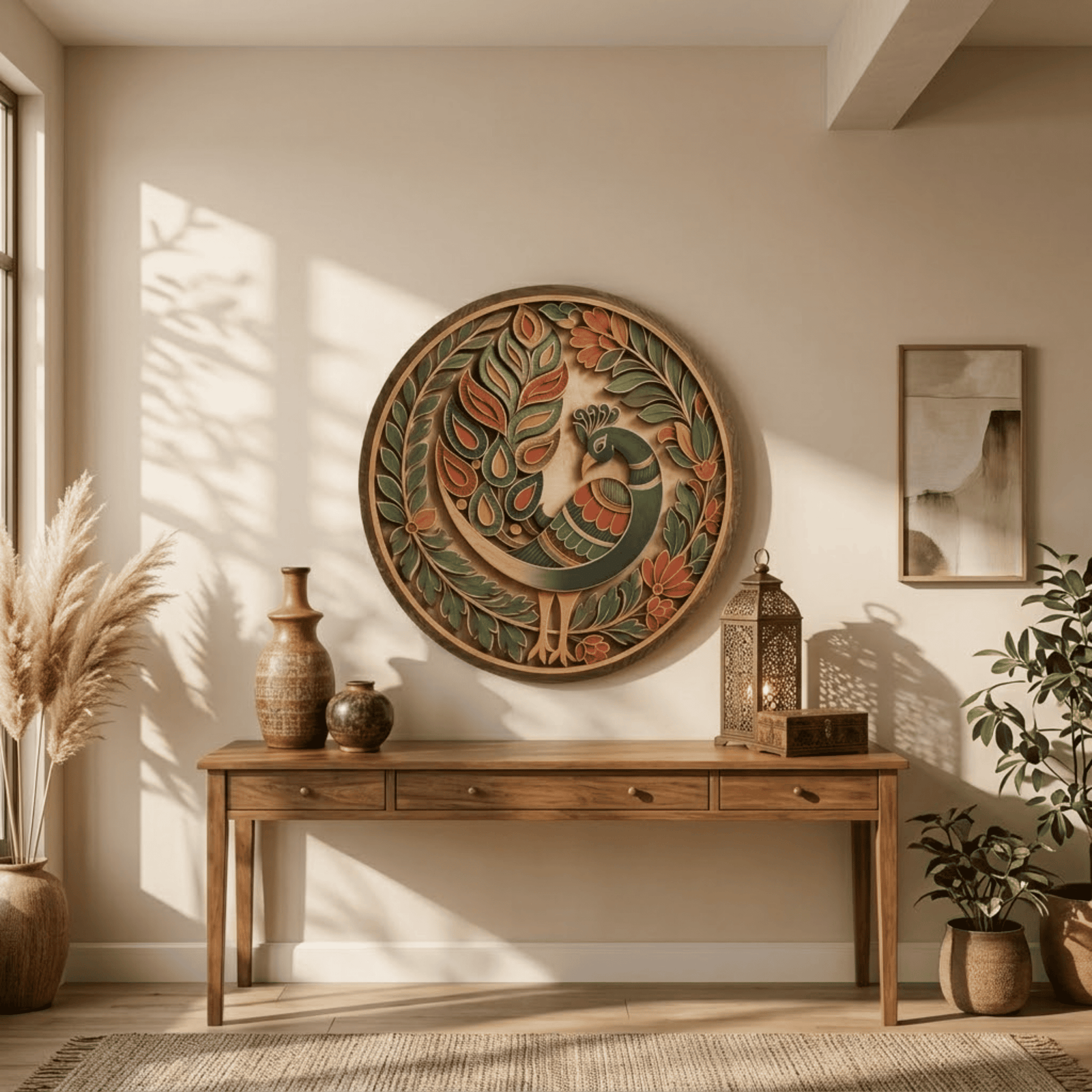 Indian Peacock Wooden Wall Art - Elegant Layered Wood Decor with Peacock, Floral Patterns and Botanical Mandala Design